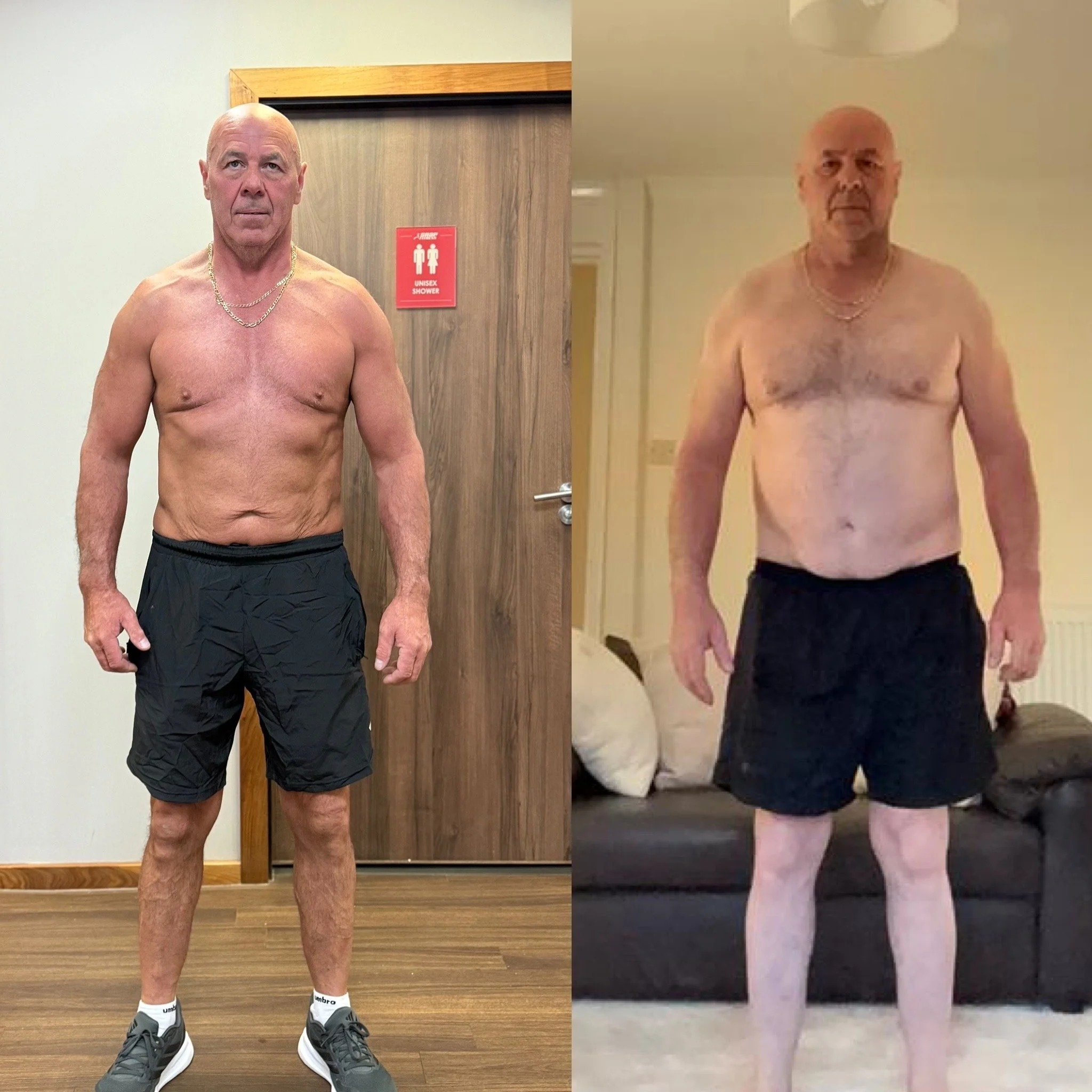 A shirtless older man with a bald head and gold jewelry, wearing black shorts, standing in front of a wooden door and wall in a room with wood flooring. On the right, a mirror reflection shows the same man with a different background, with a beige wall, and a towel and bathrobe visible below the mirror.