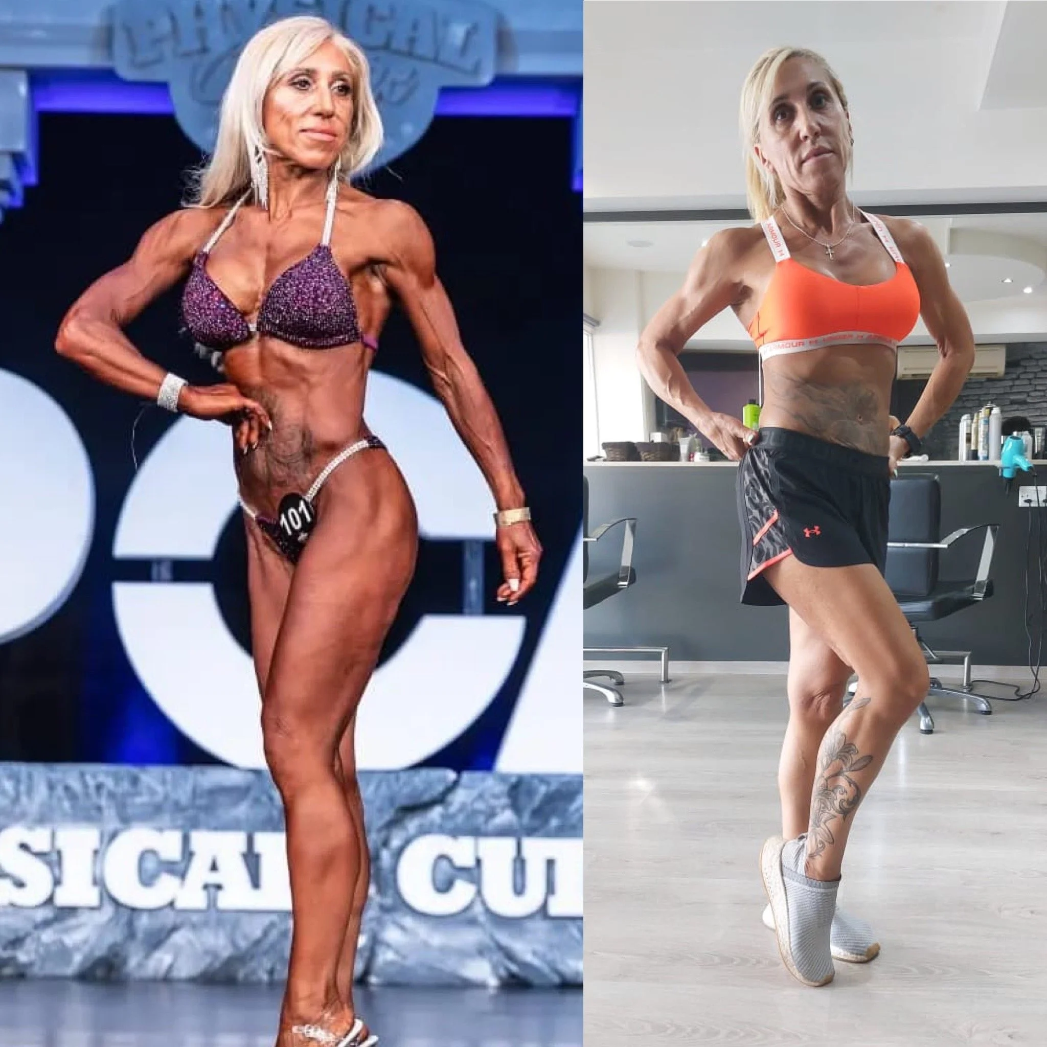 Comparison of an older woman bodybuilder posing on stage in competition attire on the left, and the same woman in workout clothing practicing poses indoors on the right.