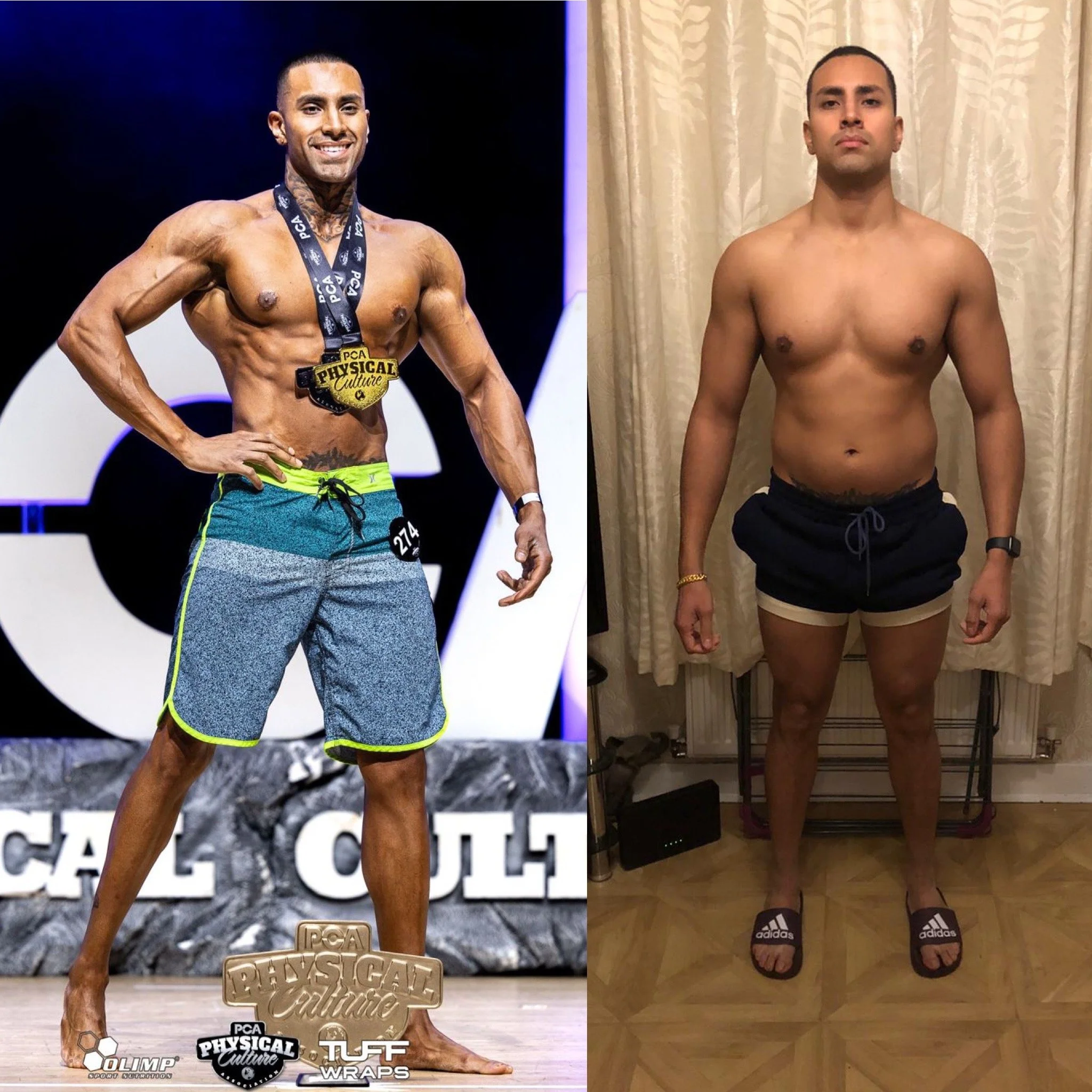 Side-by-side comparison of two shirtless men. The man on the left is muscular, smiling, with a medal around his neck and standing on a competition stage. The man on the right has a neutral expression, standing in front of a curtain, wearing black shorts and sandals.