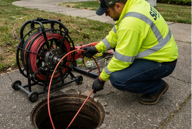High-visibility Settle technician operating a sewer camera reel and feeding inspection cable into an open manhole during residential pipe camera inspection service.