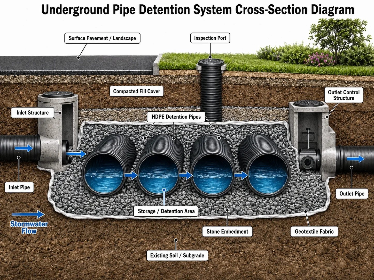 Cross-section diagram of an underground pipe detention system showing inlet structure, HDPE detention pipes, stone embedment, and outlet control.