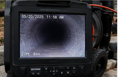 Pipe inspection monitor screen showing the interior condition of a sewer line with timestamp and footage distance during a camera inspection service.