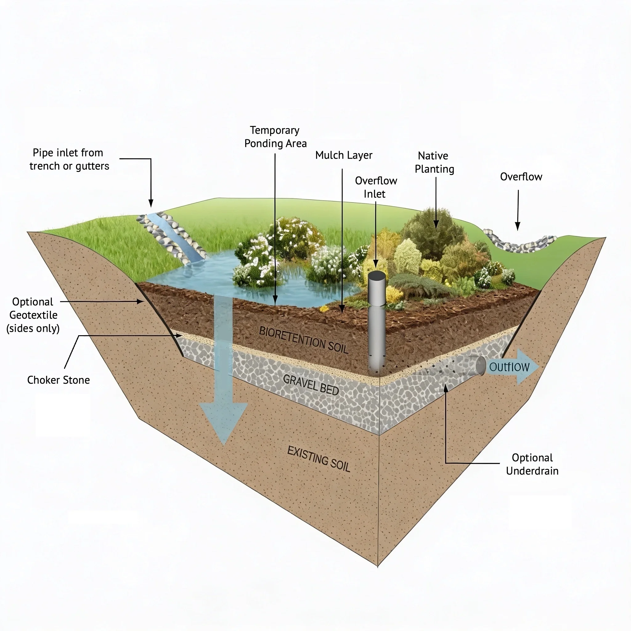 Bioretention cell cross-section diagram showing native planting, mulch, bioretention soil, gravel bed, overflow inlet, and optional underdrain.