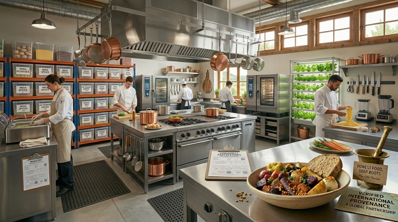 Four chefs working in a professional kitchen with stainless steel appliances, hanging copper pots, and shelves with labeled spices, preparing food amid natural light from large windows.