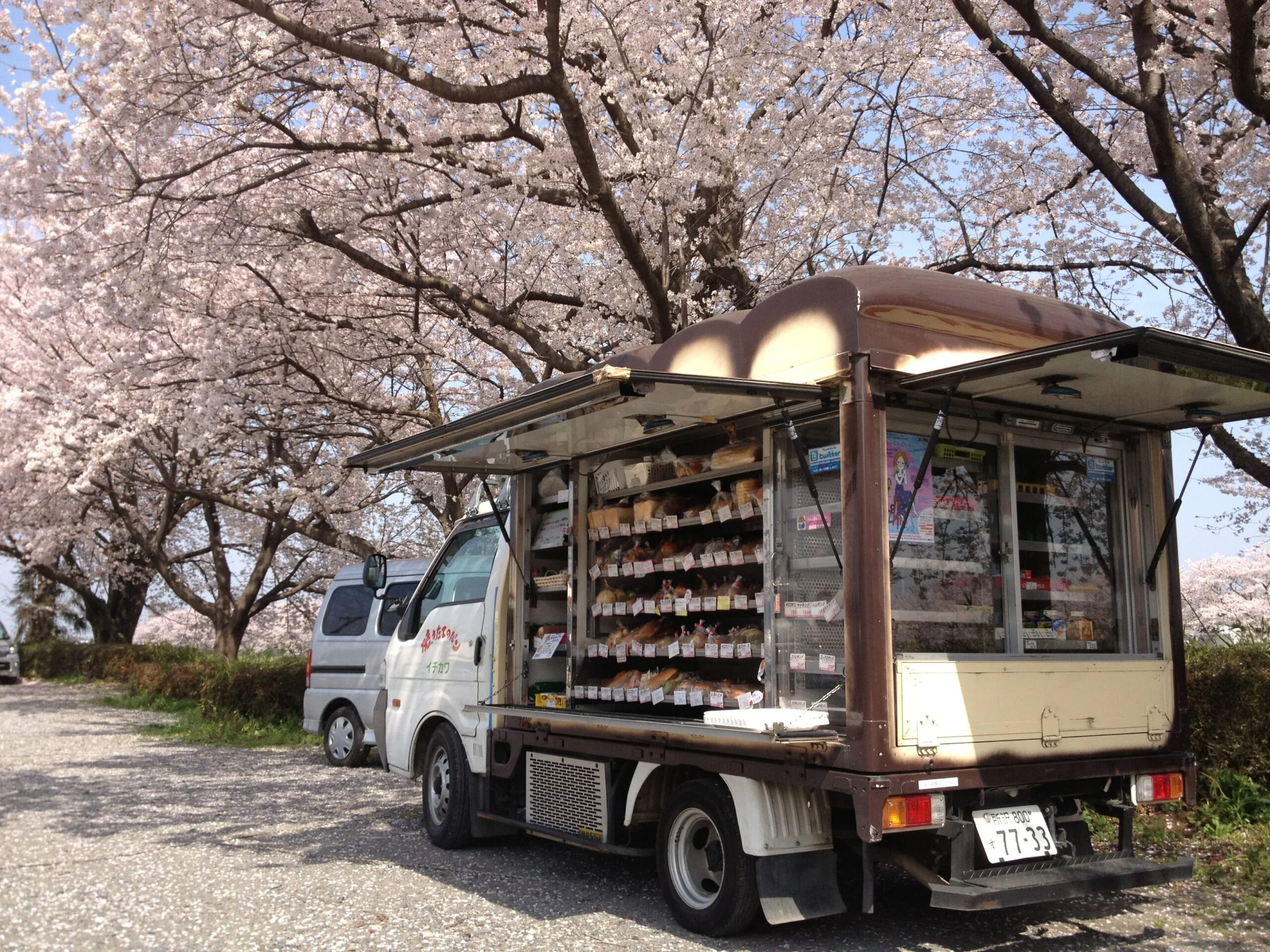 桜並木沿いに停車している沢山のパンを陳列した移動販売車