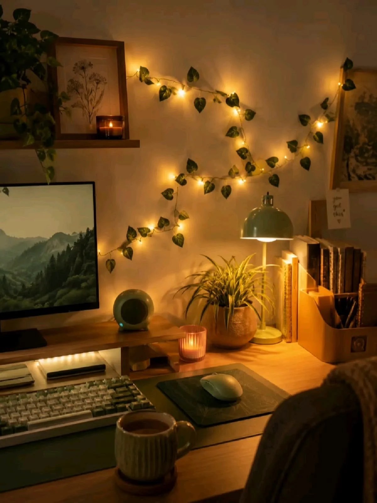 Cozy room with string lights and green leaf vines on the wall, a desk lamp, a potted plant, books, a computer mouse, a computer monitor, and a candle in a jar.