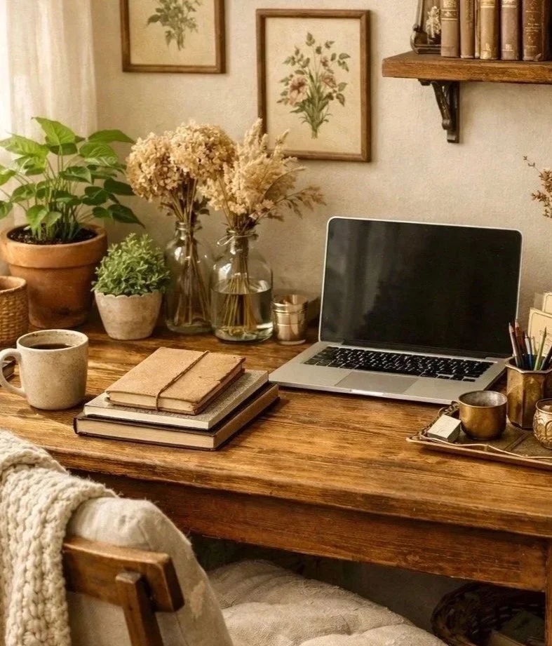 A cozy wooden desk with a closed laptop, a stack of four notebooks, a mug of coffee, and various plants and decorative items, including framed botanical prints on the wall.