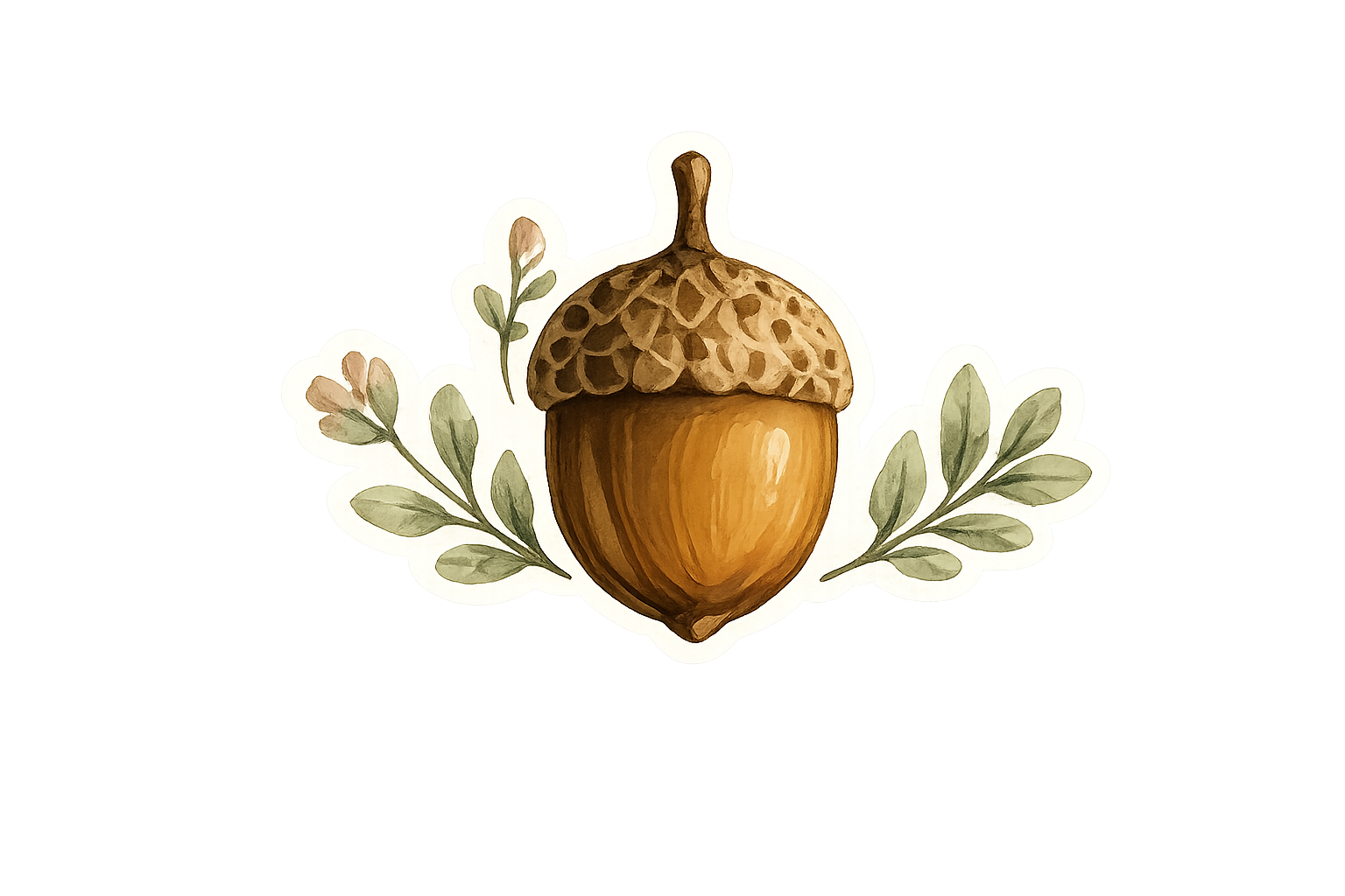 A watercolor illustration of an acorn with leaves around it.