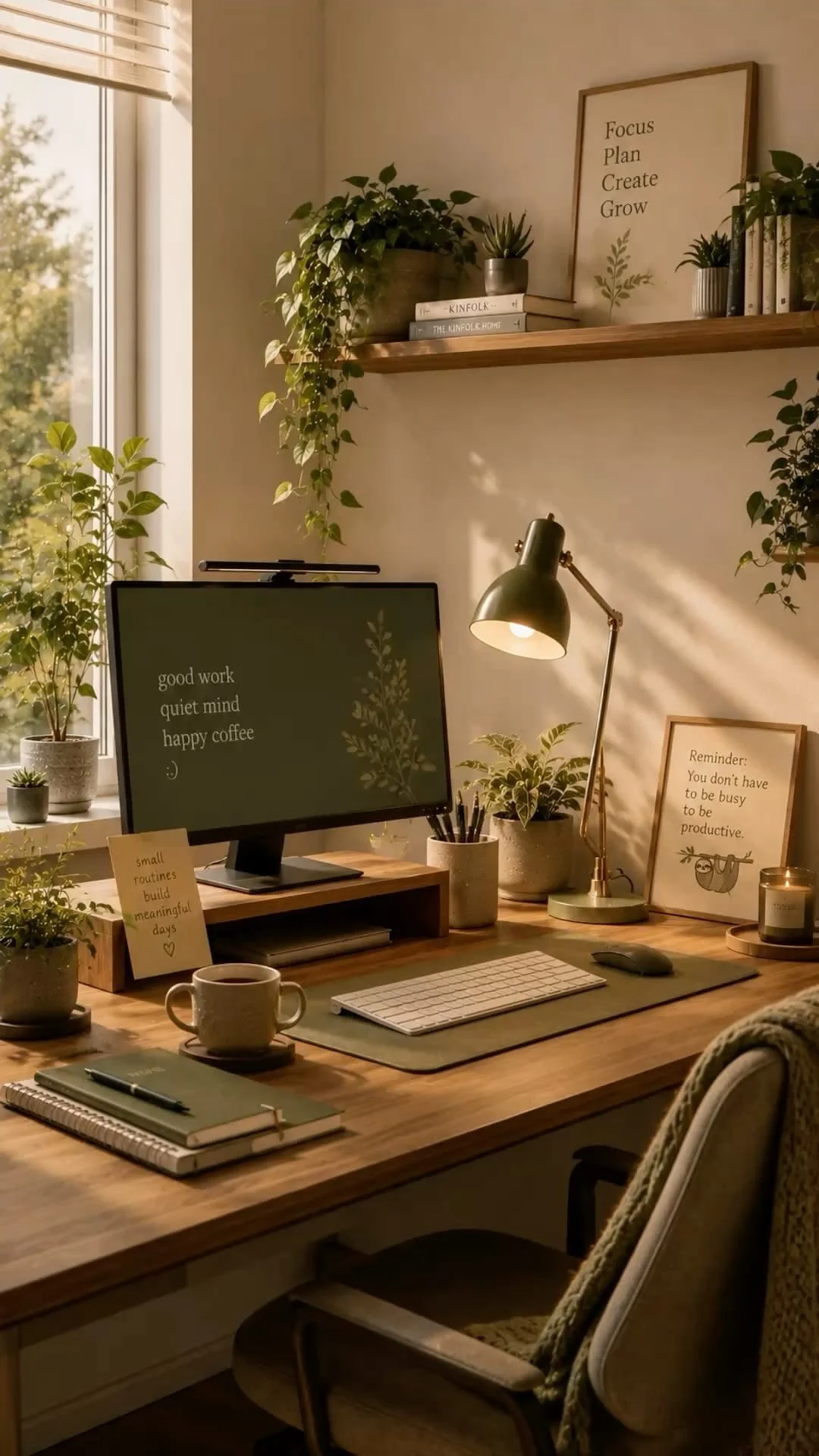 Home office desk setup with a computer monitor, plants, books, a desk lamp, framed quote, notebook, mug, and decorative items, illuminated by natural sunlight near a window.