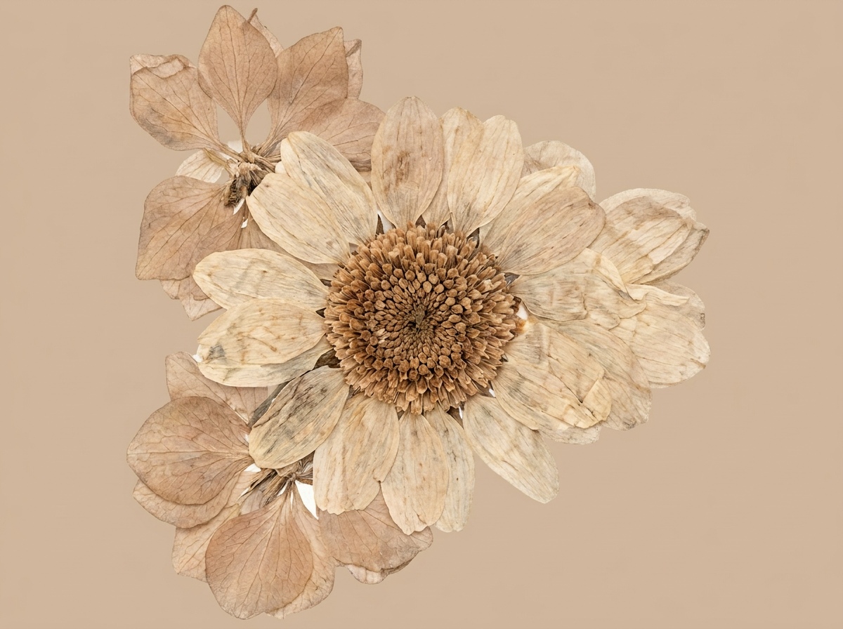 Dried beige and brown flower with petals and central cone, on a neutral background.