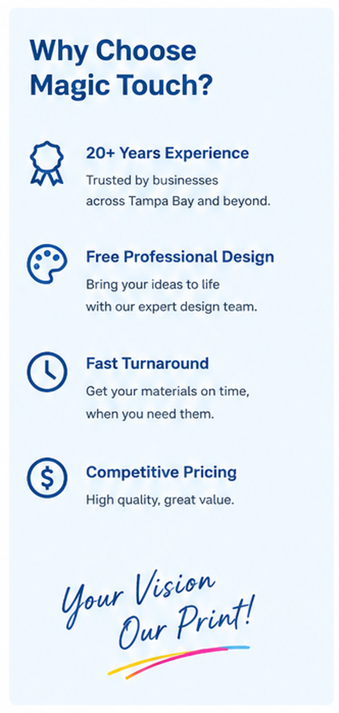 A flyer detailing the benefits of using Magic Touch for printing services, highlighting over 20 years of experience, free professional design, fast turnaround, and competitive pricing, with a slogan at the bottom reading "Your Vision Our Print!" in blue cursive text.