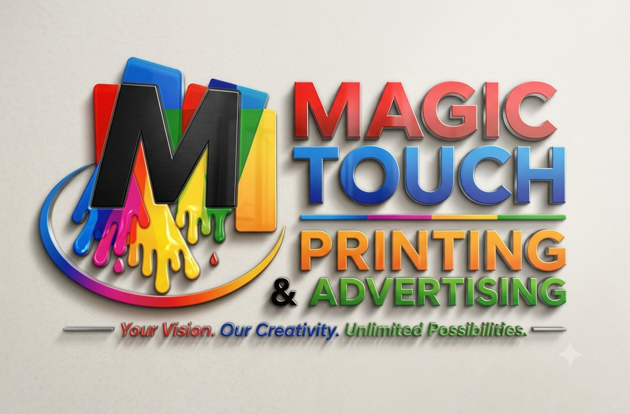 Colorful logo for Magic Touch Printing & Advertising with the tagline 'Your Vision. Our Creativity. Unlimited Possibilities.'