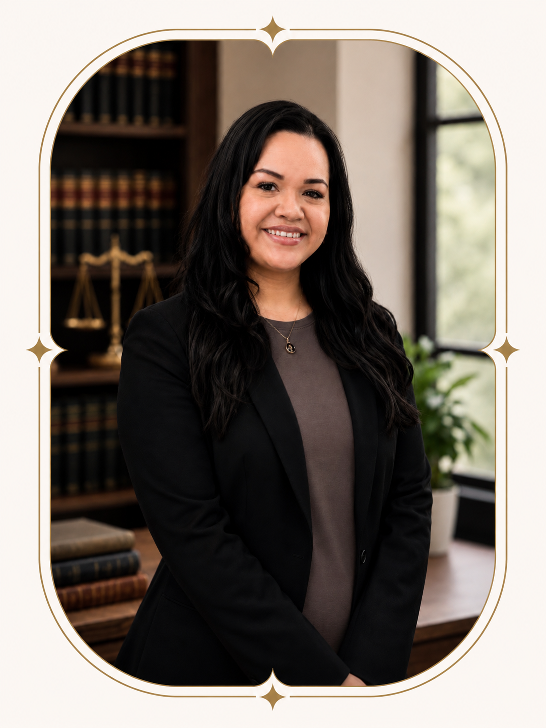 A woman with long black hair smiling, wearing a black blazer and a gray top, standing in a professional office with bookshelves, legal scales, and a potted plant in the background.