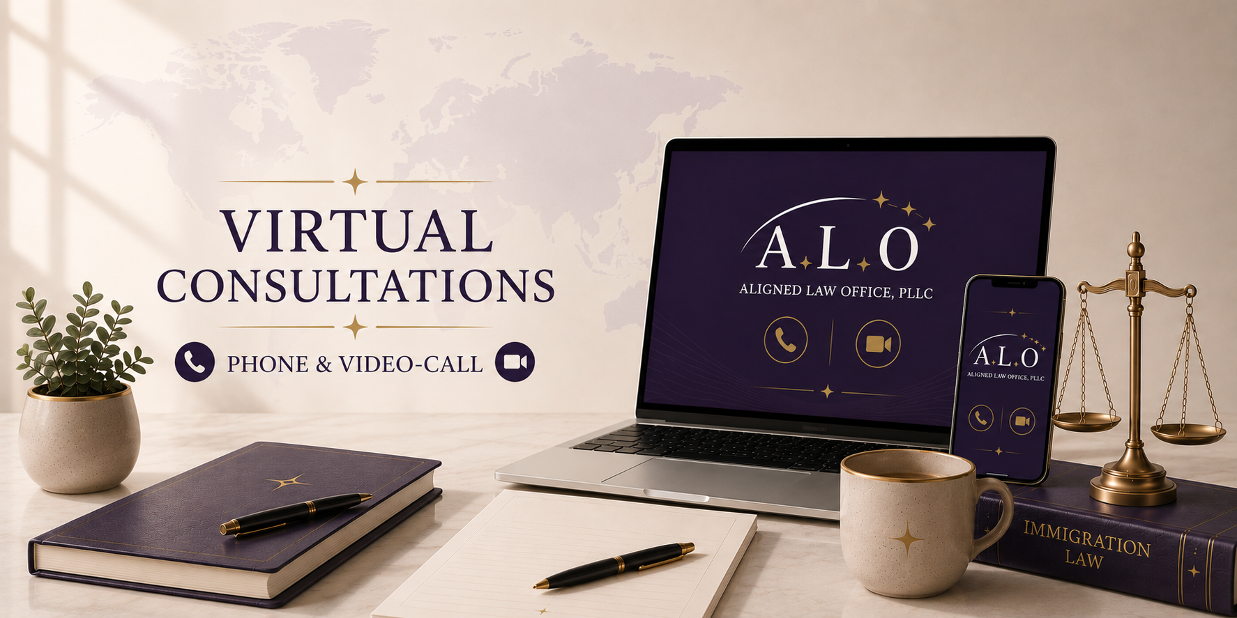 A workspace with a laptop, smartphone, legal scale, notebook, pen, mug, potted plant, and legal books. The screen and phone display the logo and contact icons for ALI, an immigration law office, with a sign indicating virtual consultations via phone and video call.