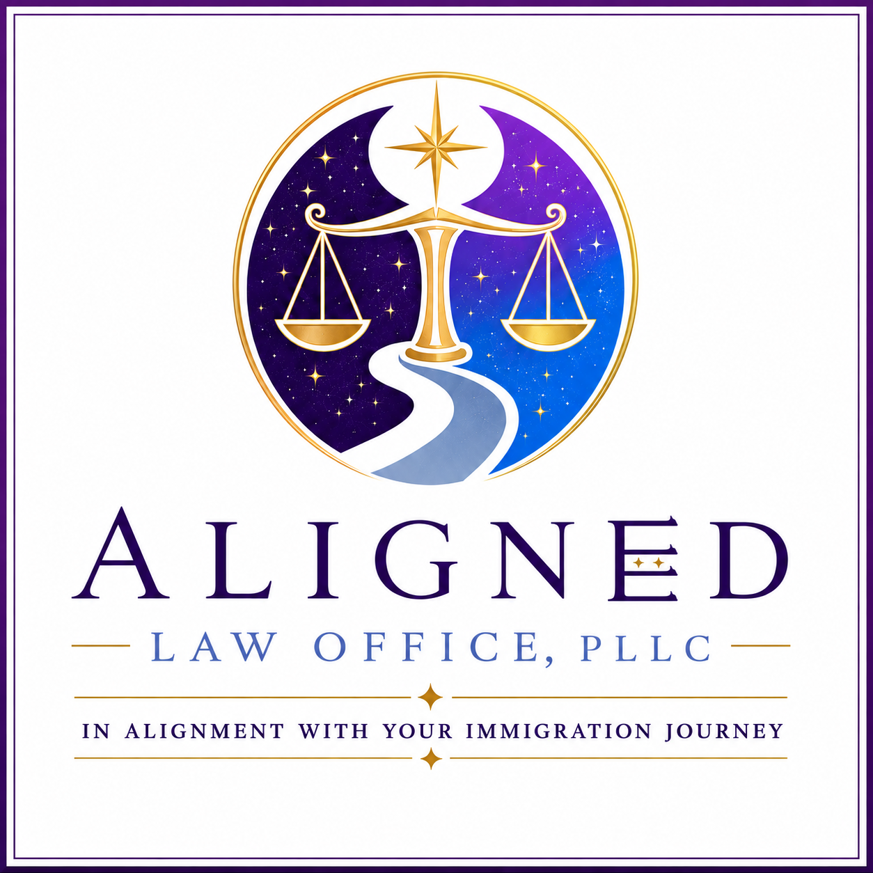 Logo for Aligned Law Office, PLLC, featuring a circular design with a cosmic background, a golden balance scale, a star, and a winding path, with the tagline 'In alignment with your immigration journey'.