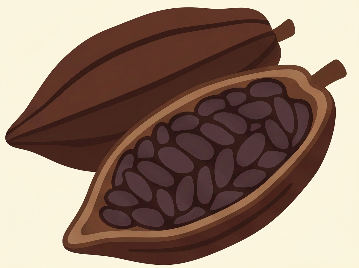 Illustration of a cacao pod, with one pod whole and the other cut open to reveal dark cacao beans inside.