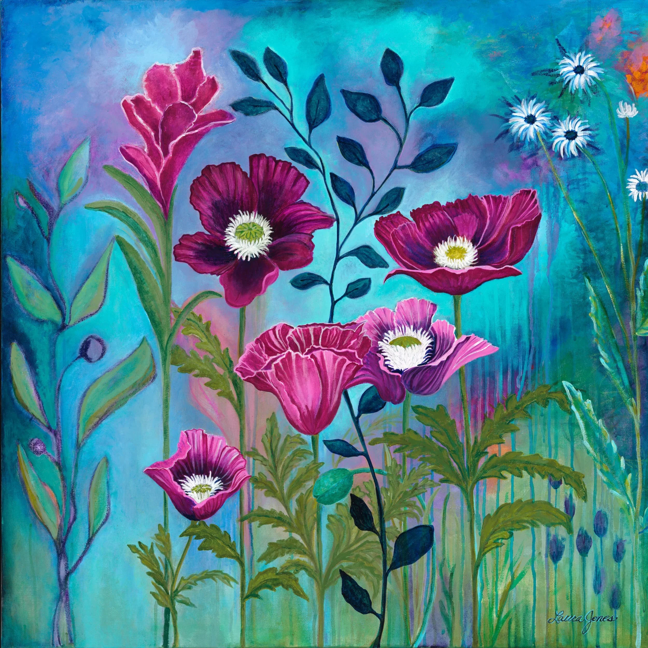 Finding Beauty
Acrylic on Archival Fine Art Paper | 6x6 inches
Beauty isn't something you find out there. It's something you remember in here.

Rich burgundy and rose poppies bloom boldly against a jewel-toned turquoise garden, full of quiet confiden