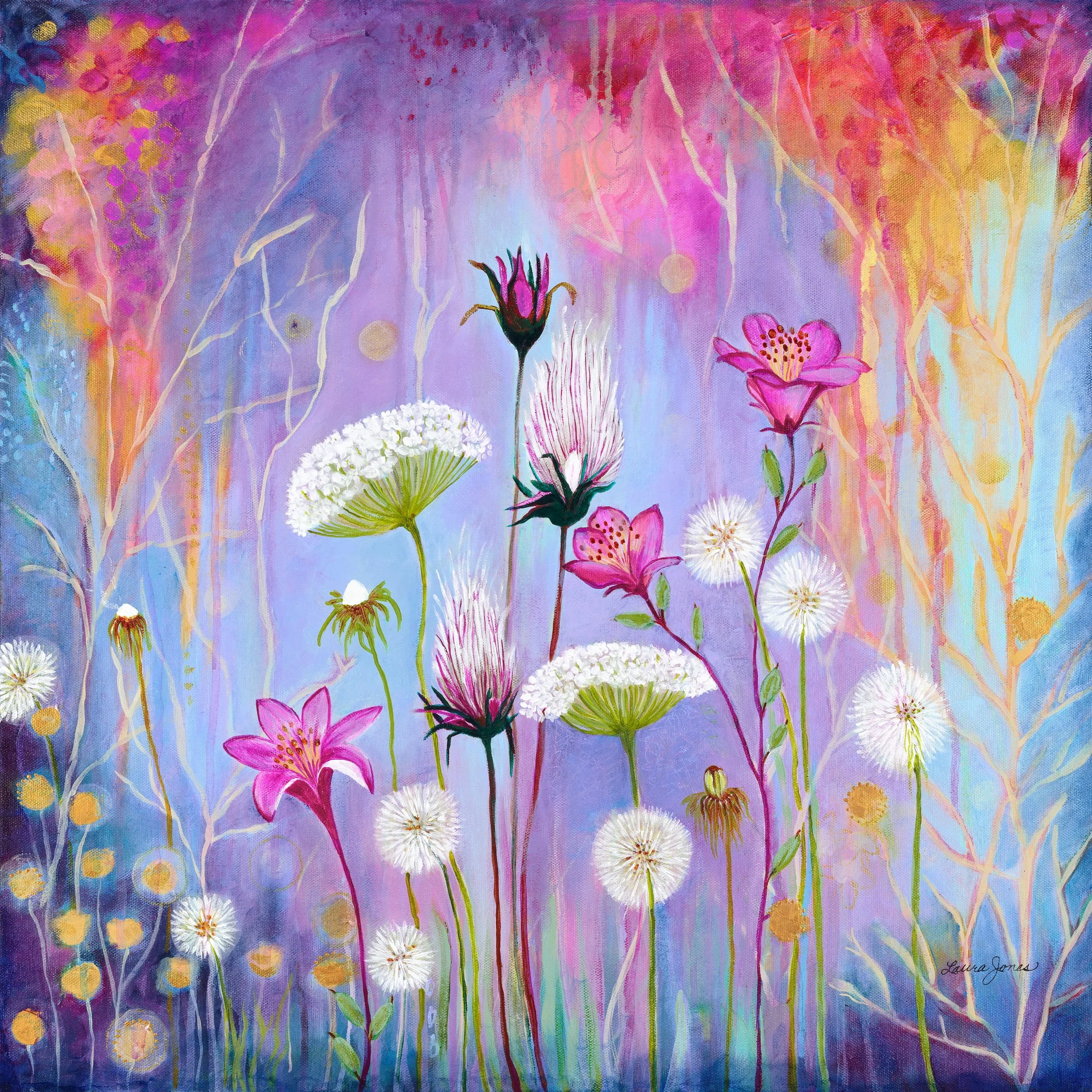 The Courage to Grow
Acrylic on Archival Fine Art Paper | 6x6 inches
Growth isn't always graceful. But it's always worth it.

Delicate dandelions, starbursts, and soft pink blossoms reach upward through a warm, glowing landscape of amber and violet — 
