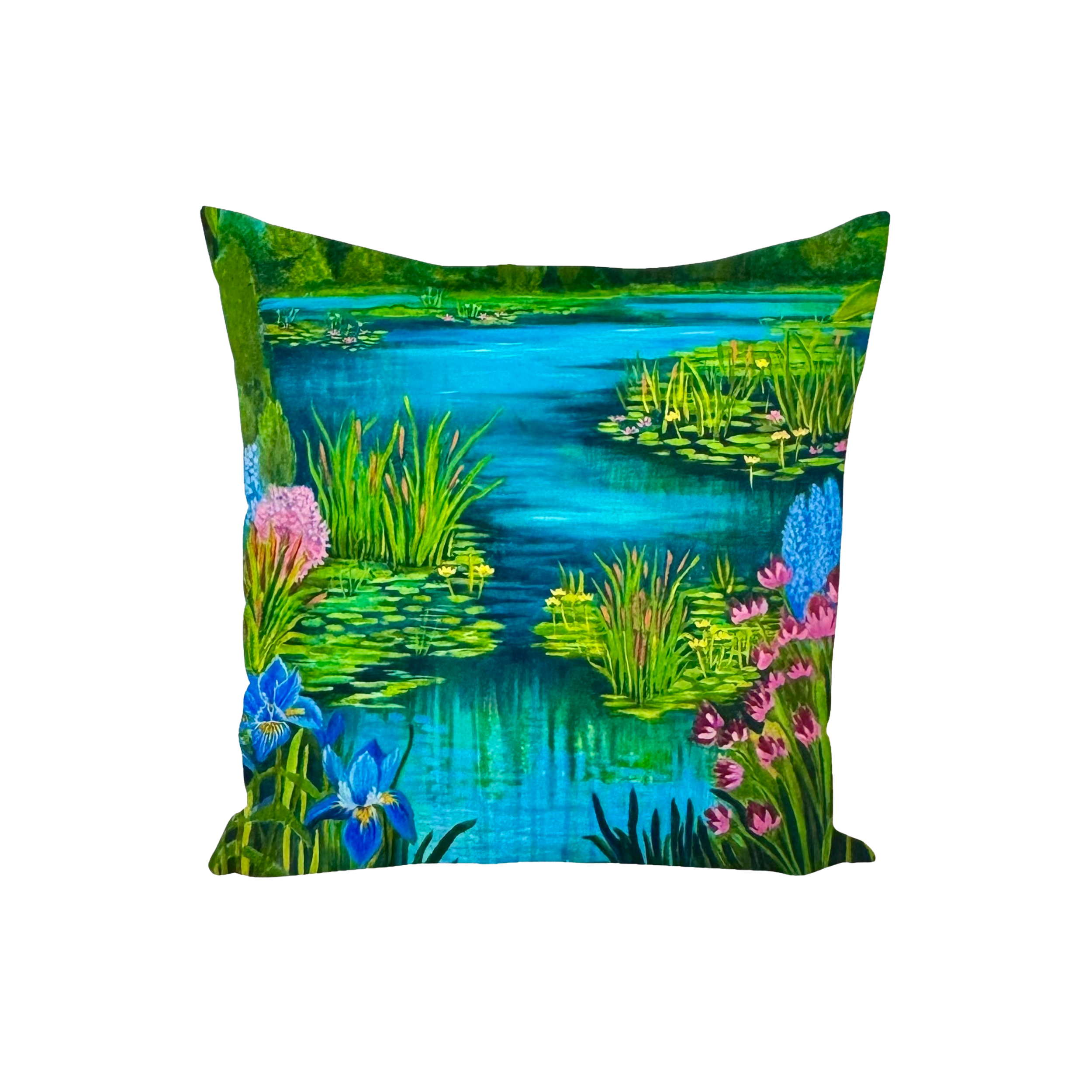 Decorative pillow with a nature scene featuring a pond, lilies, and lush green vegetation.