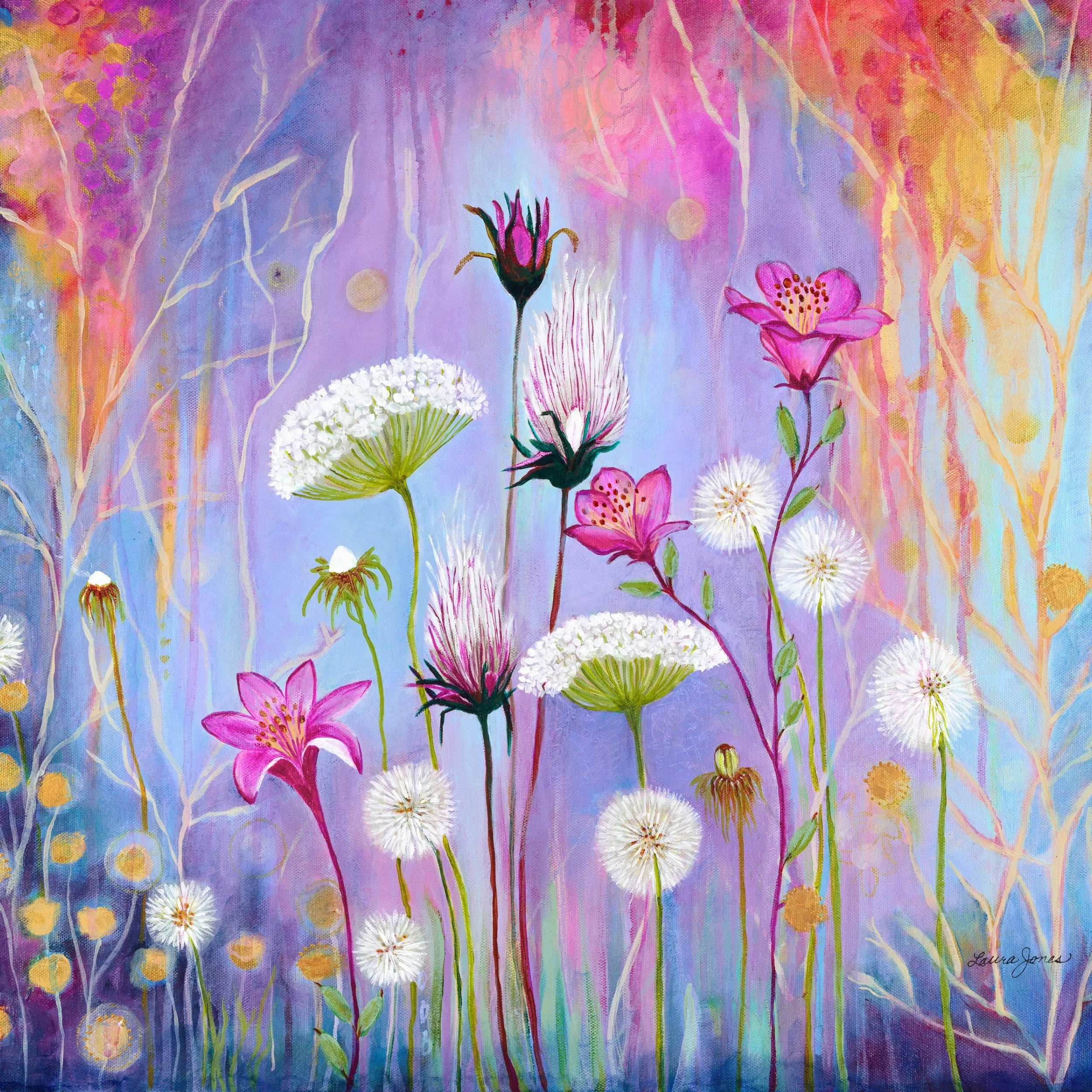 An acrylic painting featuring vibrant pink, purple, blue, and yellow hues with stylized white and pink flowers and delicate stems.
