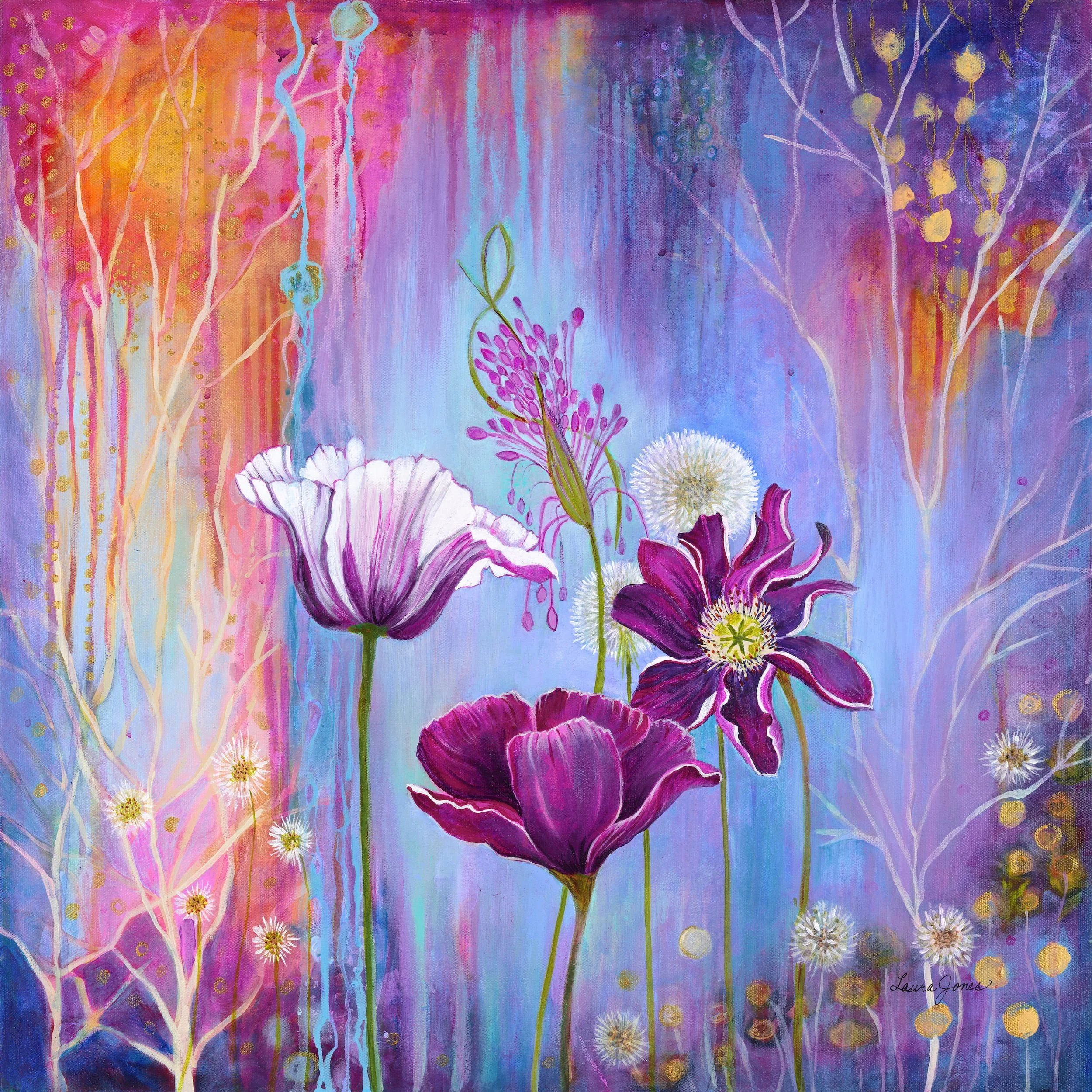 Fully Embrace Your Beauty
Acrylic on Archival Fine Art Paper | 6x6 inches
You were never too much. You were always exactly enough.

Deep magenta poppies and delicate dandelion wisps dance against a luminous backdrop of violet and rose — a reminder th