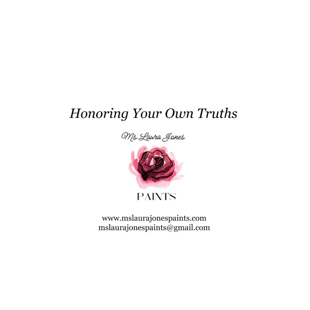 Back page for a card titled 'Honoring Your Own Truths' by Ms. Laura Jones, featuring a pink flower illustration and contact information.