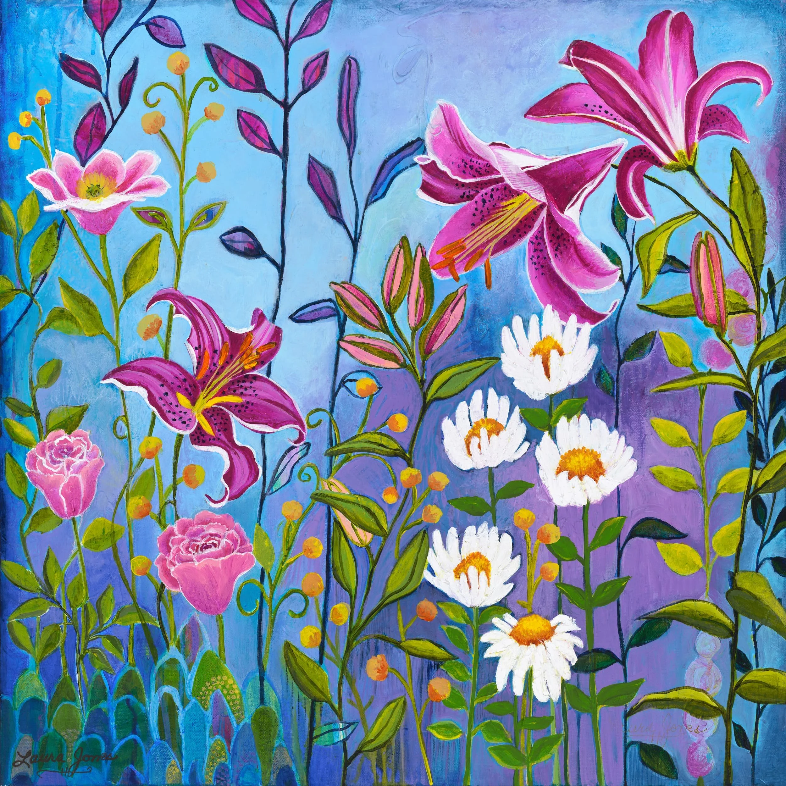 Be Gentle With Yourself
No. 9 — The Healing Garden Collection
Acrylic on Canvas | 24x24 inches | Original One-of-a-Kind
You are doing better than you know.

Deep magenta stargazer lilies command the upper canvas with dramatic, confident beauty. Soft 