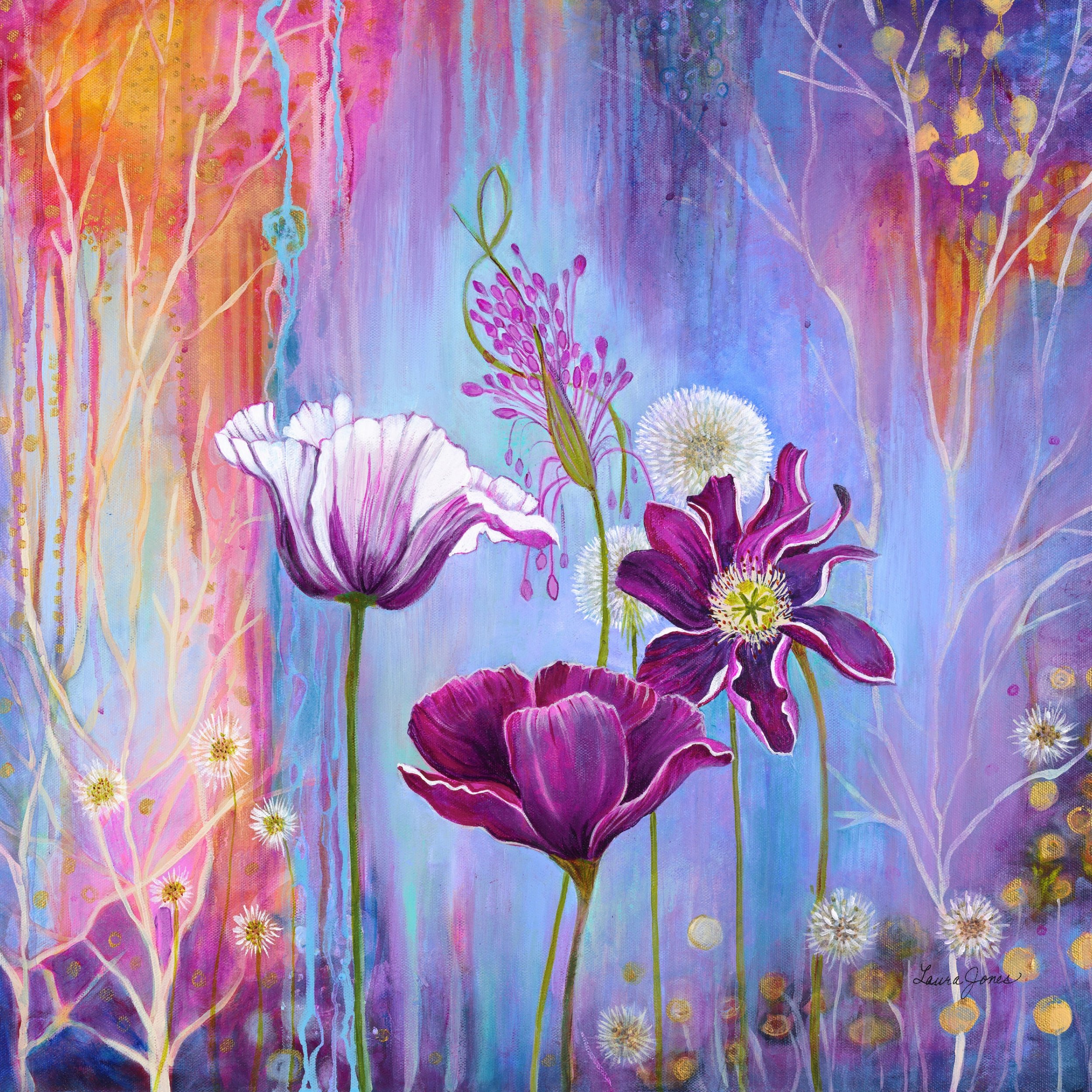 A colorful acrylc painting featuring various flowers and plant-like shapes in shades of pink, purple, orange, blue, and green, with a vibrant background of dripping and textured paint.