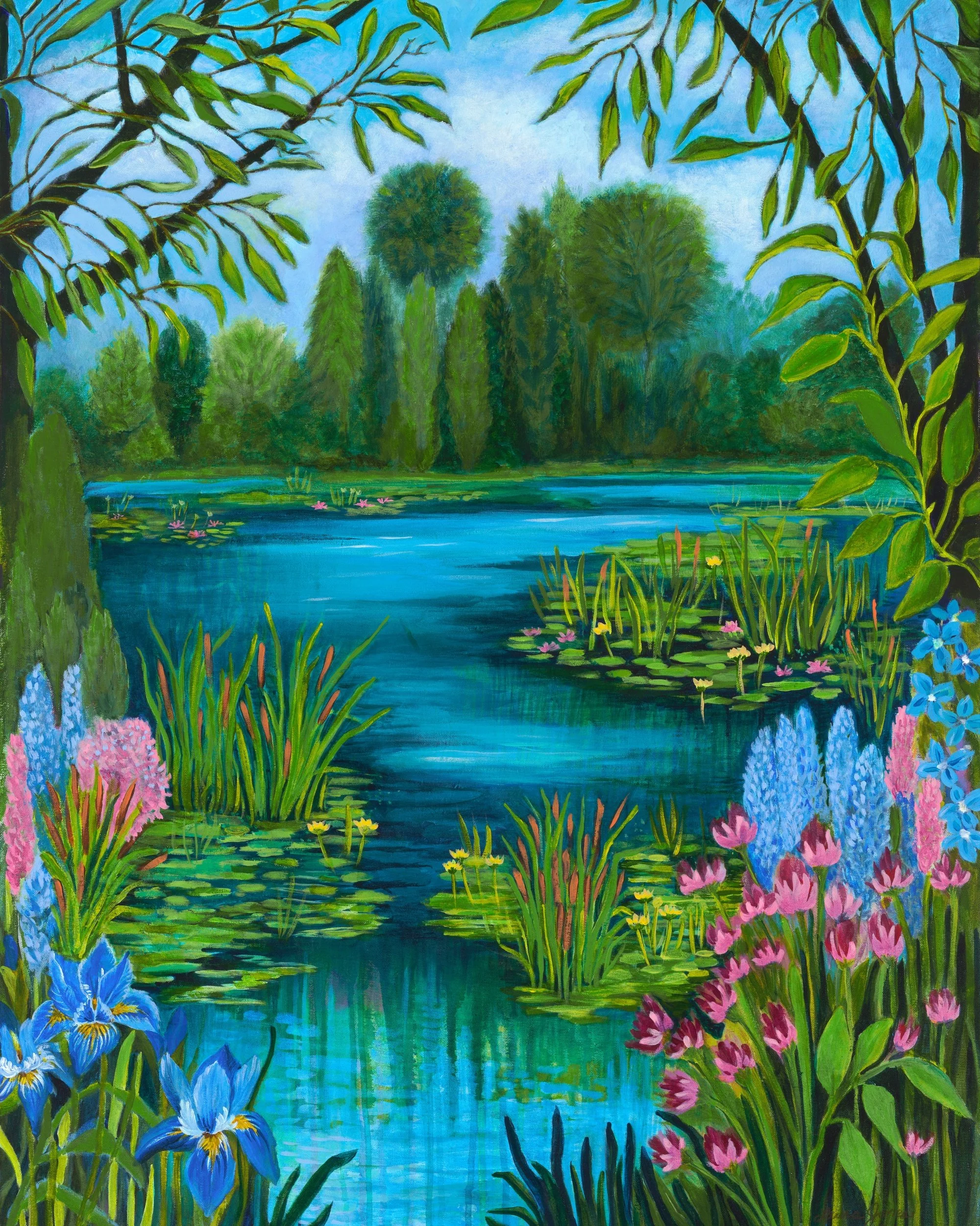 Painting of a lush pond scene with blue flowers in the foreground and trees in the background, framed by green leaves on the top and sides.