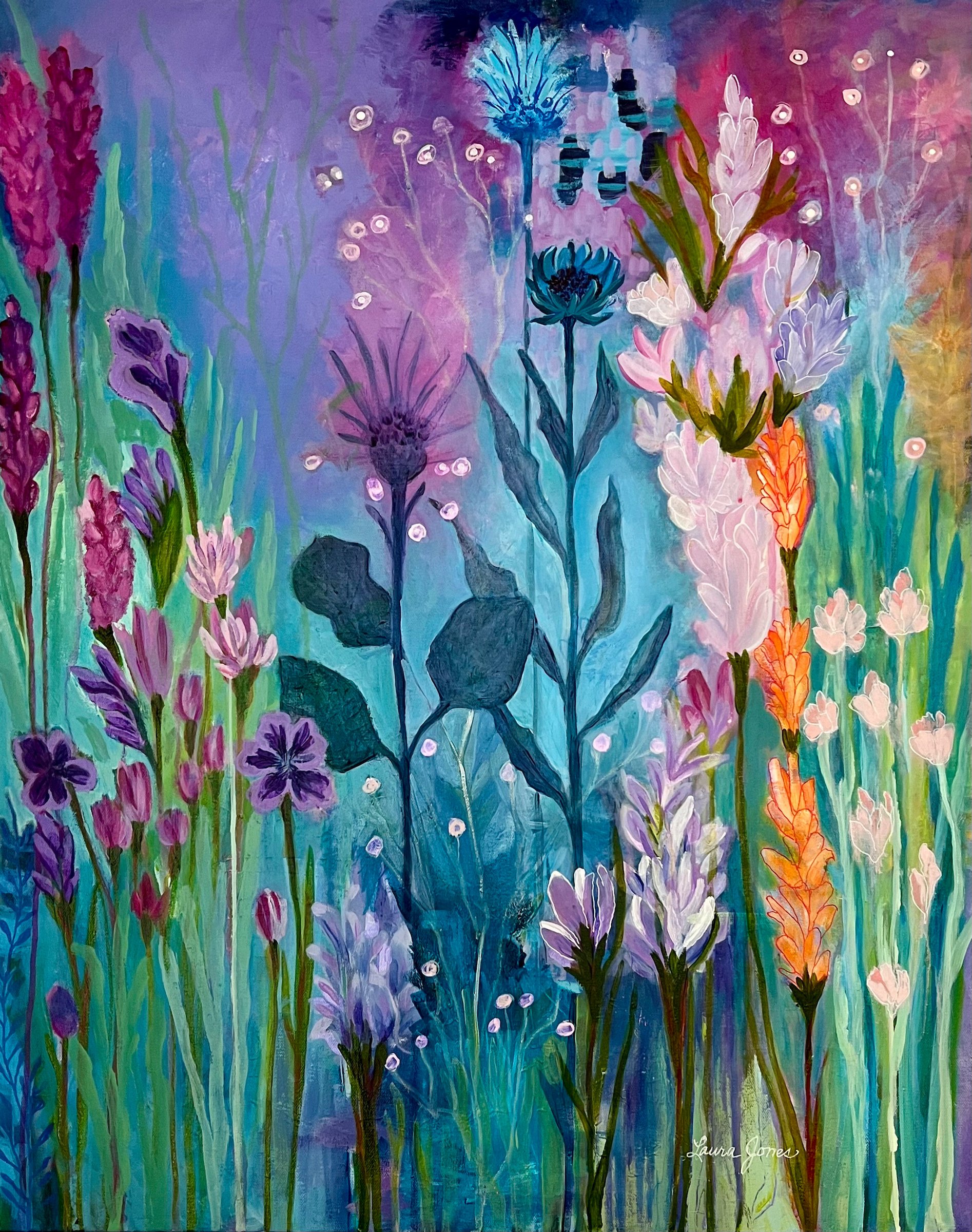Healing Garden
Acrylic on Archival Fine Art Paper | 5x7 inches
Every season of healing is also a season of becoming.

Deep violet wildflowers, thistles, and delicate blooms rise from a rich, jewel-toned landscape — mysterious, alive, and quietly tran