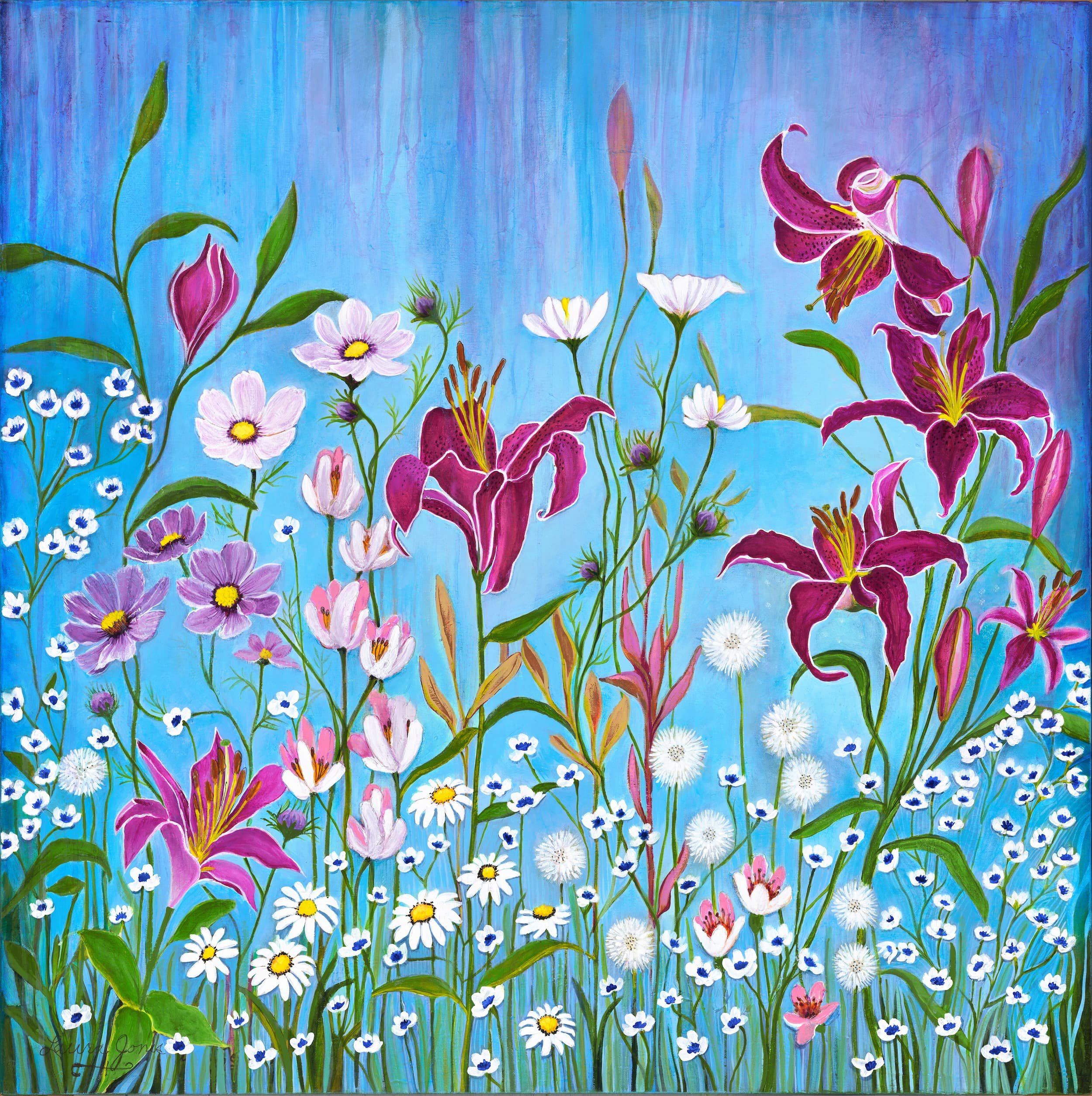 Just Be You
No. 13 — The Healing Garden Collection
Acrylic on Canvas | 36x36 inches | Original One-of-a-Kind
That has always been enough.

Four magnificent stargazer lilies command this canvas with breathtaking confidence — deep burgundy rose, golden