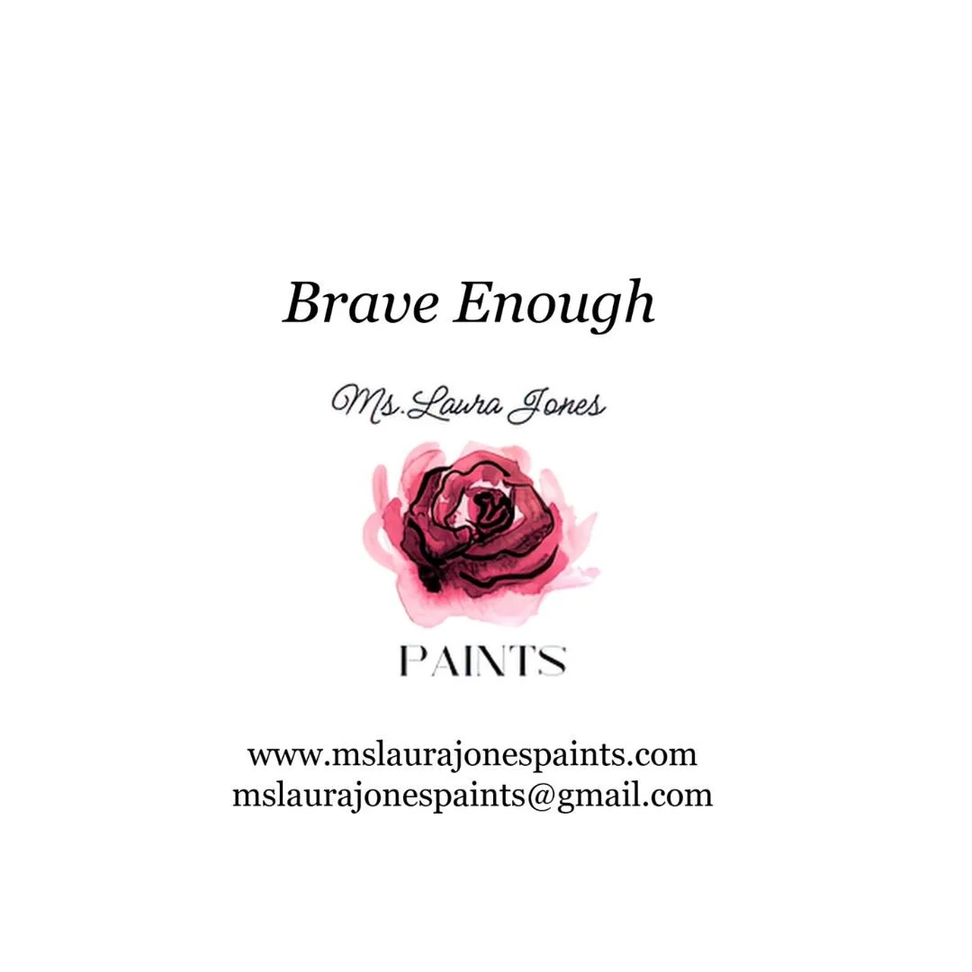 Back of a card for Ms. Laura Jones Paints featuring a pink and black watercolor rose, with contact information and website.