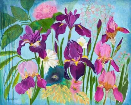 She Rises Strong
Acrylic on Archival Fine Art Paper | 5x7 inches
She has been through the storm — and she bloomed anyway.

Bold purple irises surge upward with quiet, unstoppable power against a luminous sky — regal, rooted, and absolutely radiant. A