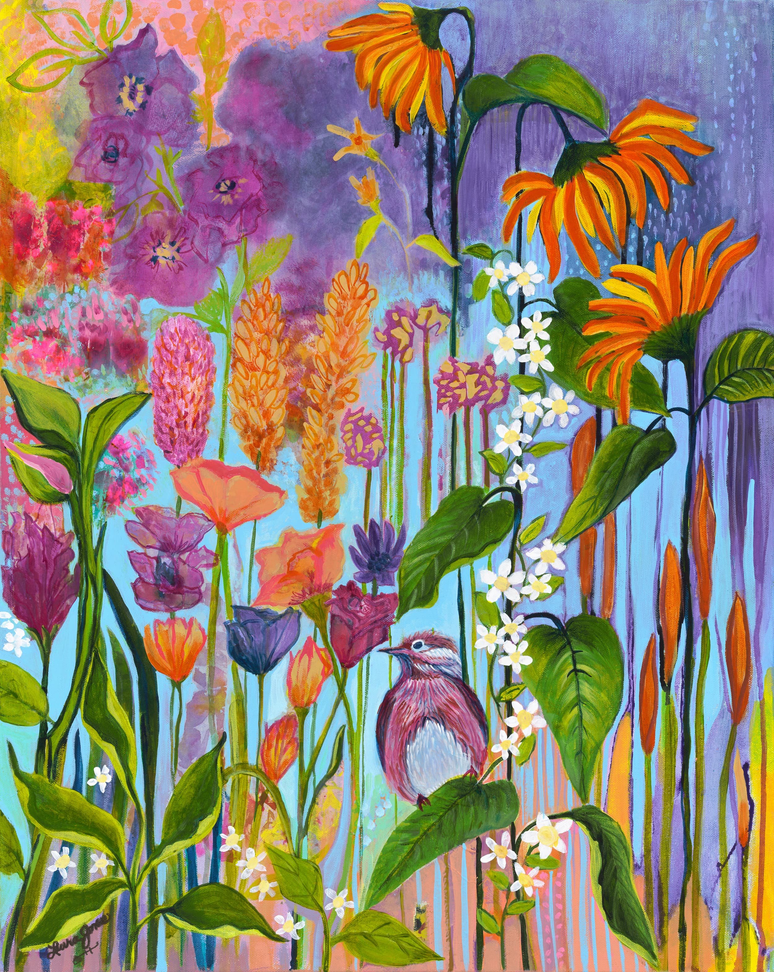 Secret Sanctuary
Acrylic on Canvas | 24x30 inches | Original One-of-a-Kind
The world gets loud. Find your secret sanctuary.

A rosy-breasted bird perches in quiet contentment among fiery tulips, a velvety crimson rose, soft violet wildflowers, and fr