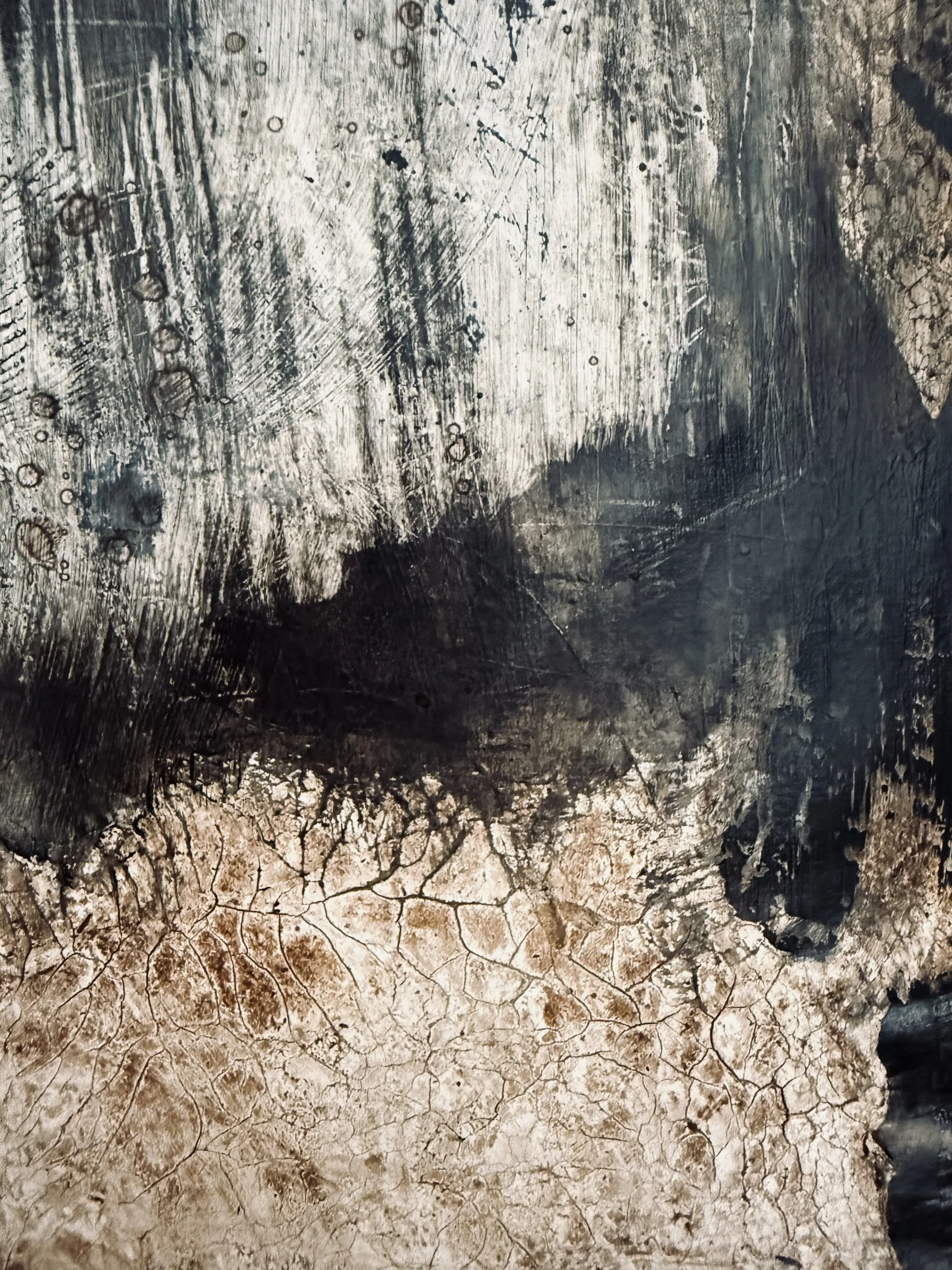 Close-up detail of layered textures, cracks and weathered surfaces in a mixed-media artwork by Michelle Gow.