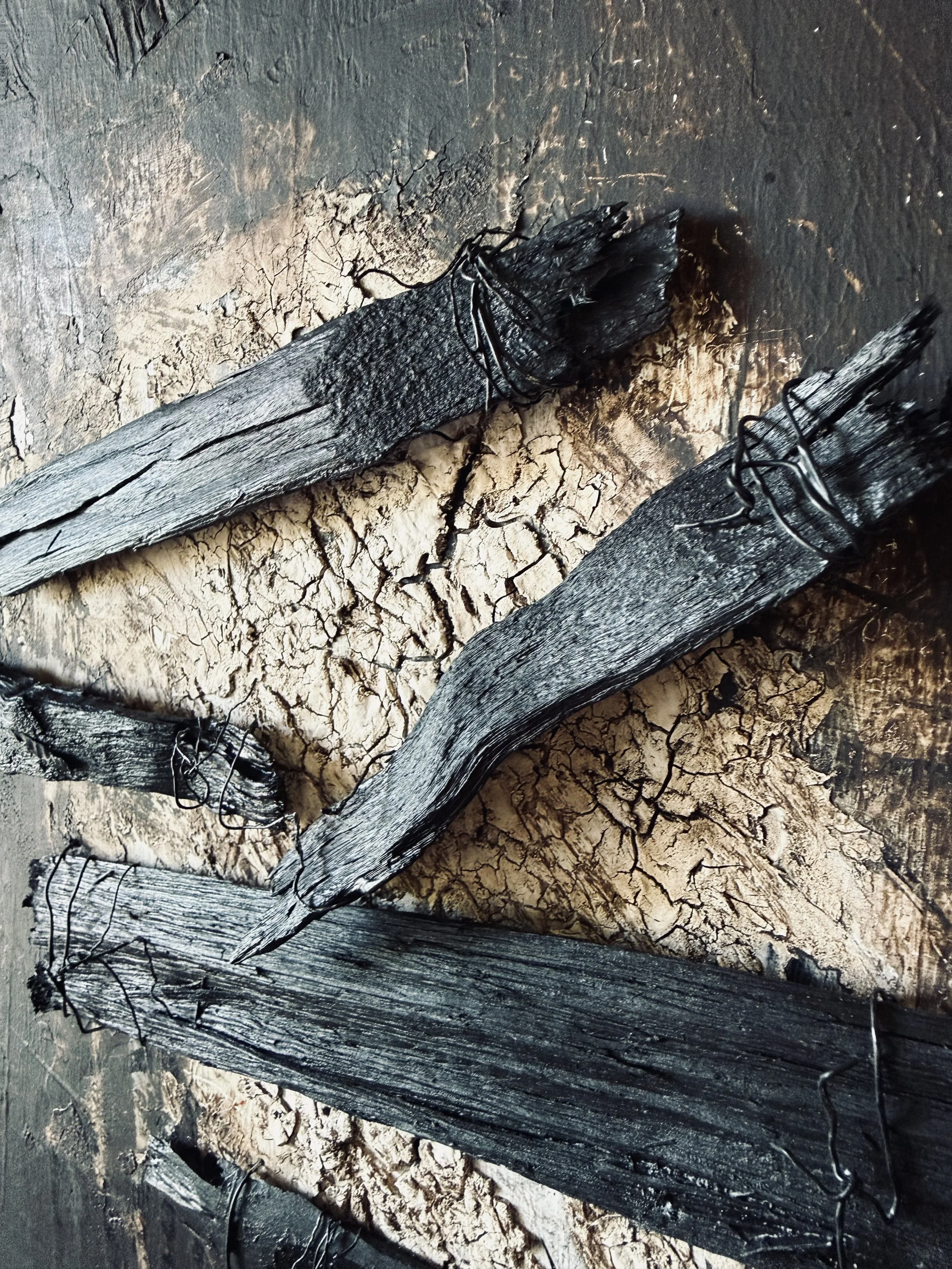 Detail of charred timber and cracked surface from a mixed-media artwork by Michelle Gow.