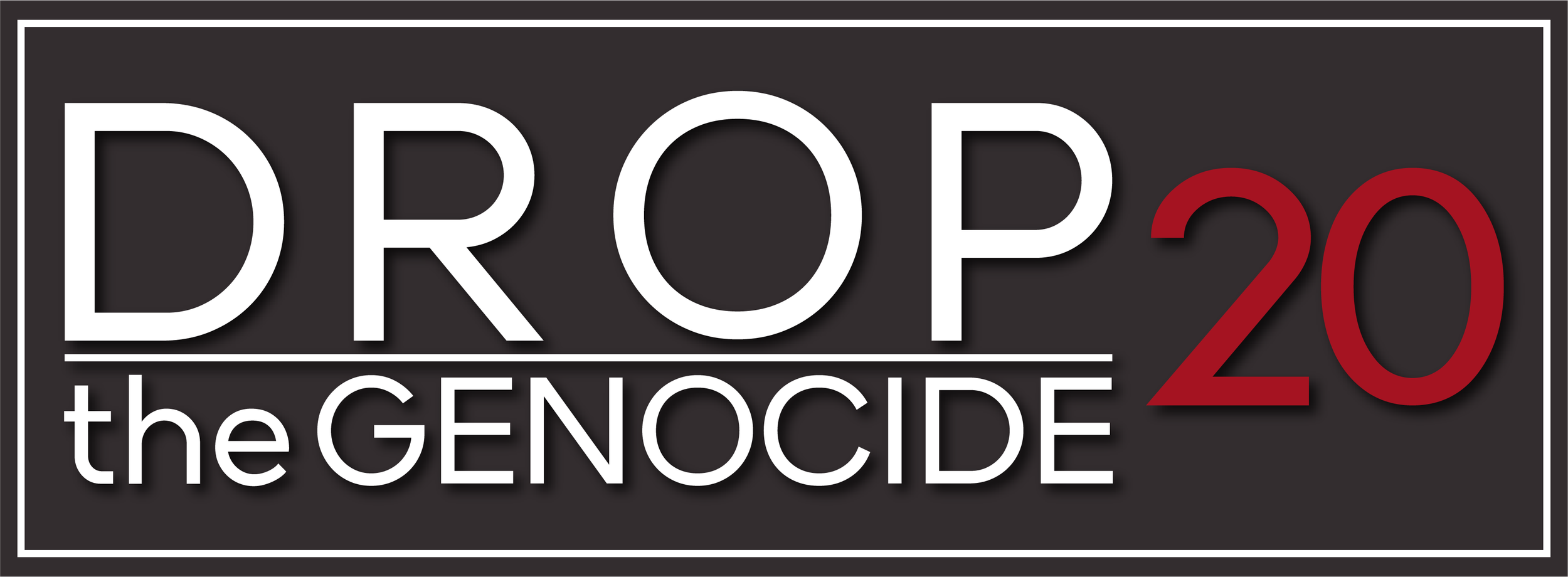 Graphic with the text 'DROP 20 the GENOCIDE' on a dark background, with '20' in red.