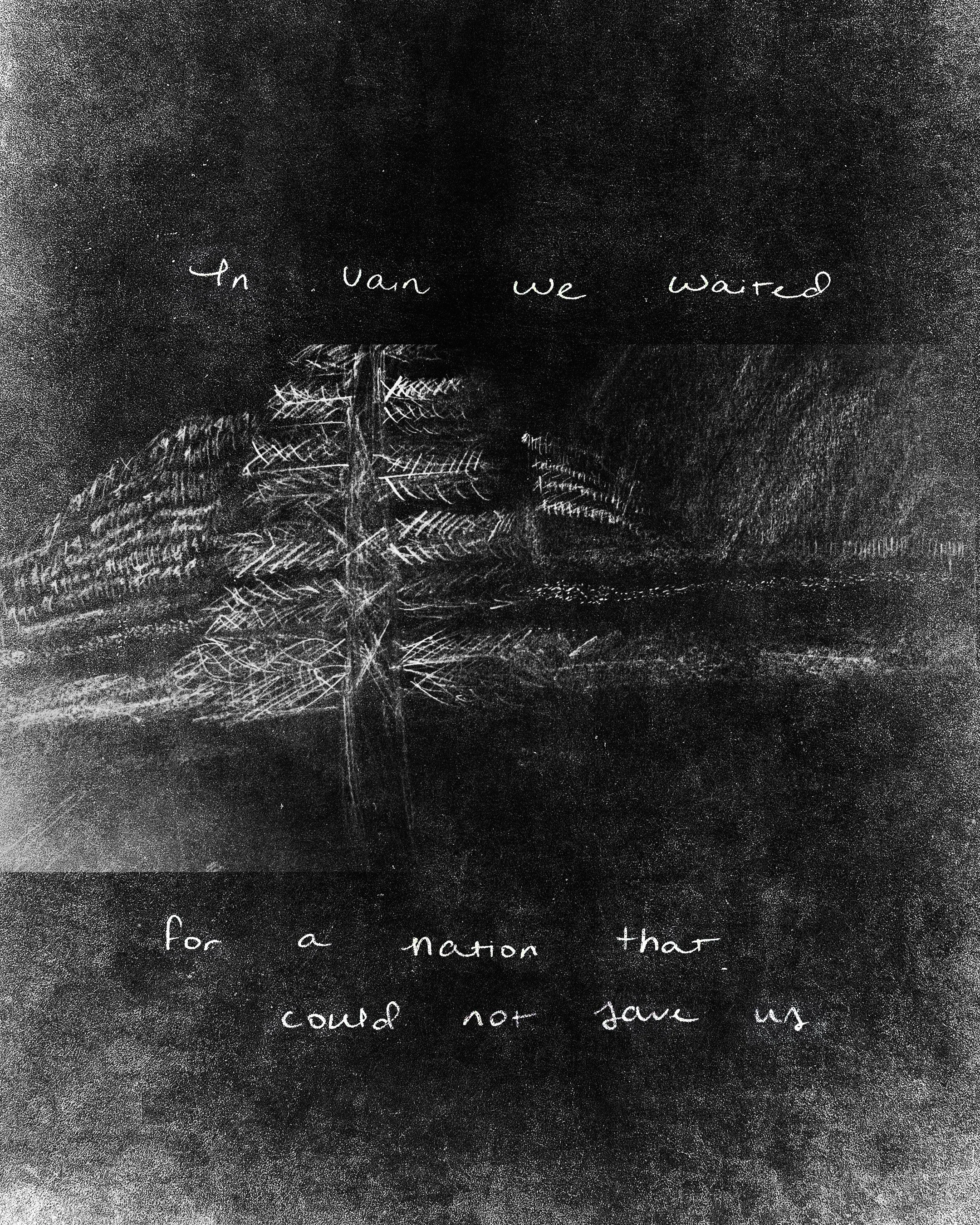Handwritten text on black background with white chalk-like lines reading, 'In human we wanted for a nation that could not save us.'