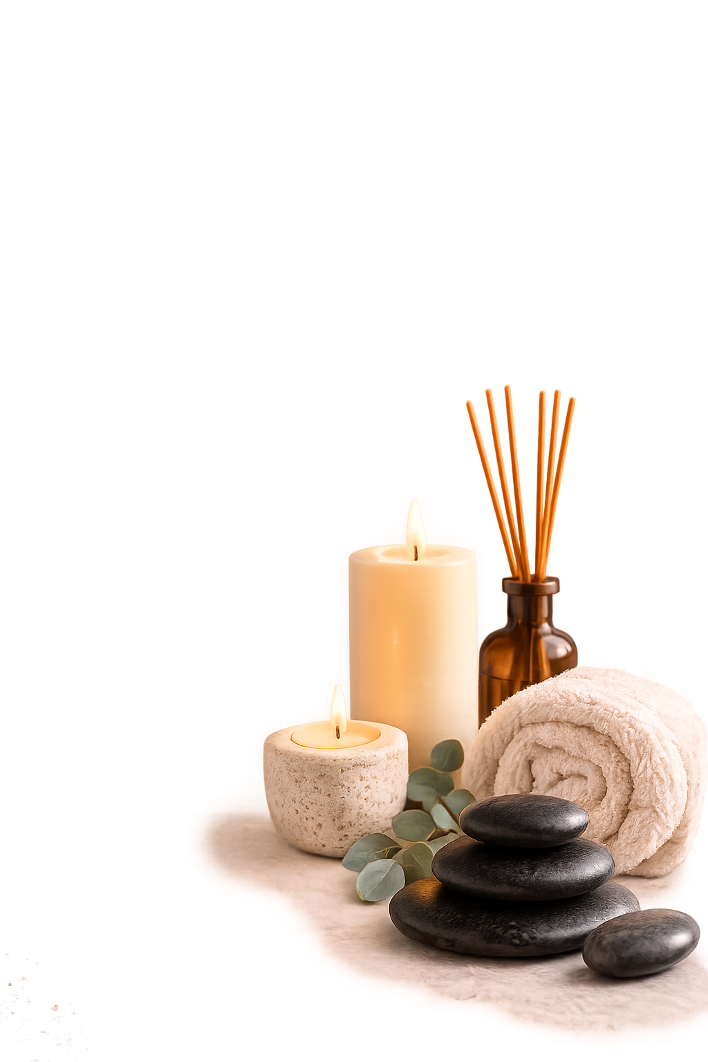 Spa scene with lit candles, a rolled towel, smooth black stones, eucalyptus leaves, and a brown reed diffuser, against a backdrop of blue and purple lights.