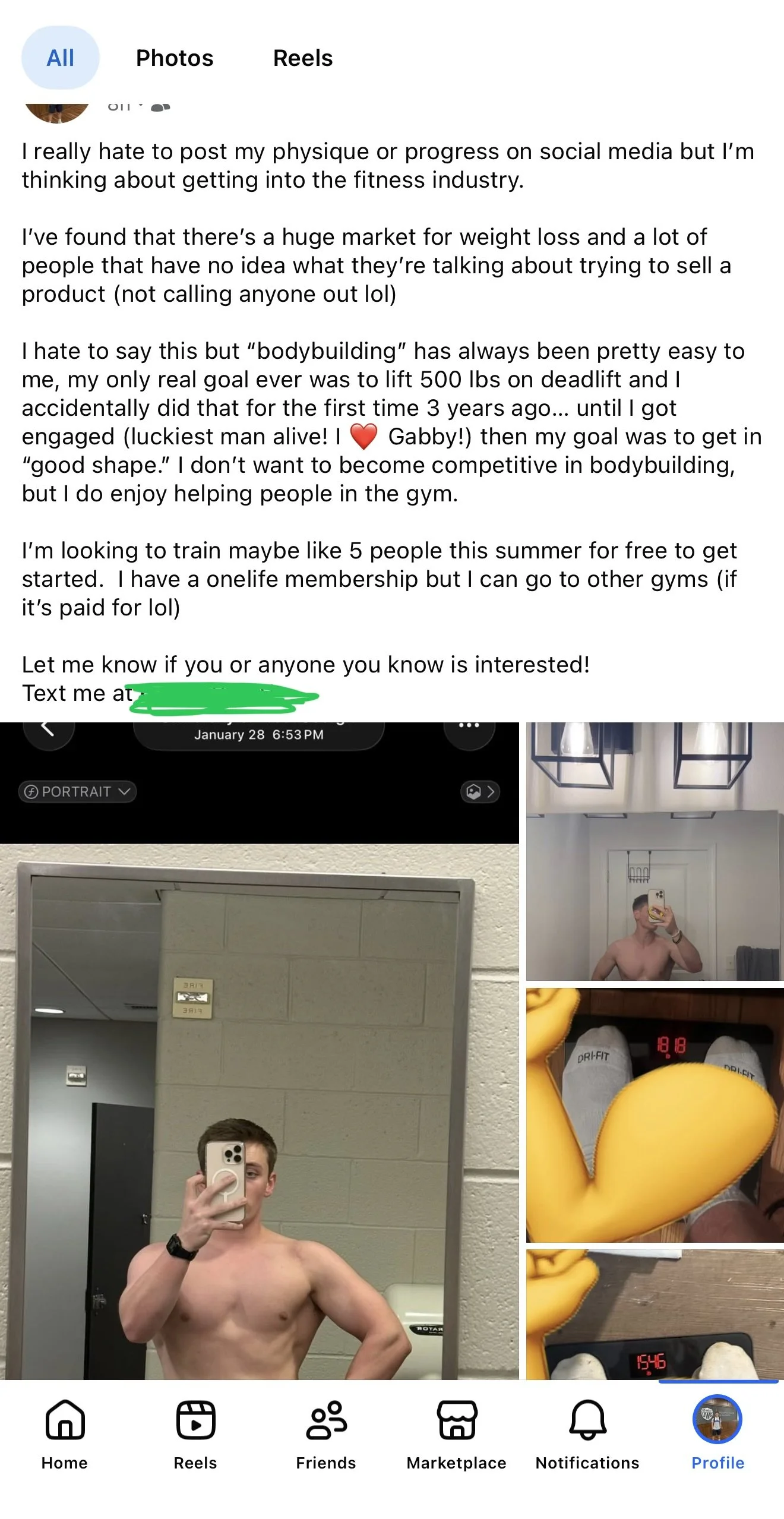 A shirtless young man taking a mirror selfie in a gym locker room, with gym equipment and a mirror behind him, and multiple smaller images showing gym-related items like gloves, a scale, and a mirror selfie of another person.