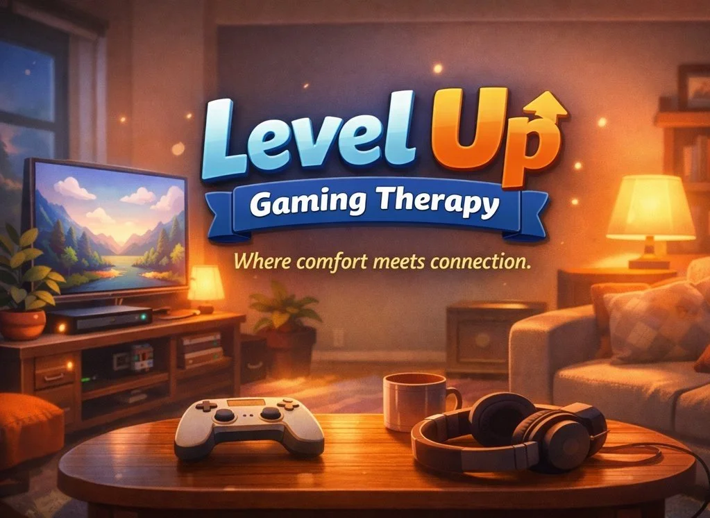 A cozy living room scene with warm lighting, featuring a television showing a nature landscape, a gaming controller, headphones, a coffee mug on a wooden table, and a background wall with the logo "Level Up Gaming Therapy" along with the tagline "Where comfort meets connection.".