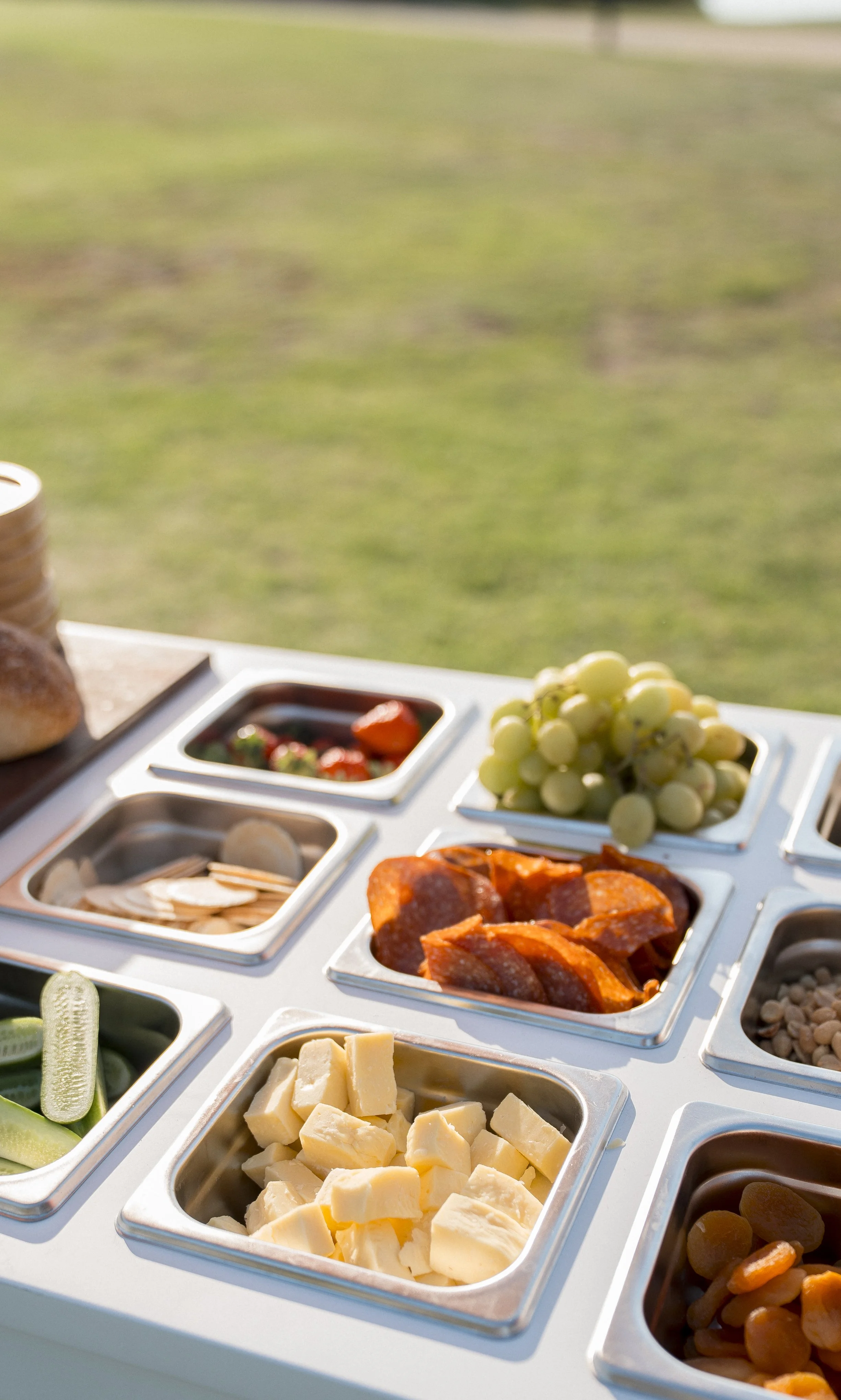 A buffet-style spread with various cheeses, grapes, vegetables, and meats on a white table outdoors with a grassy background.