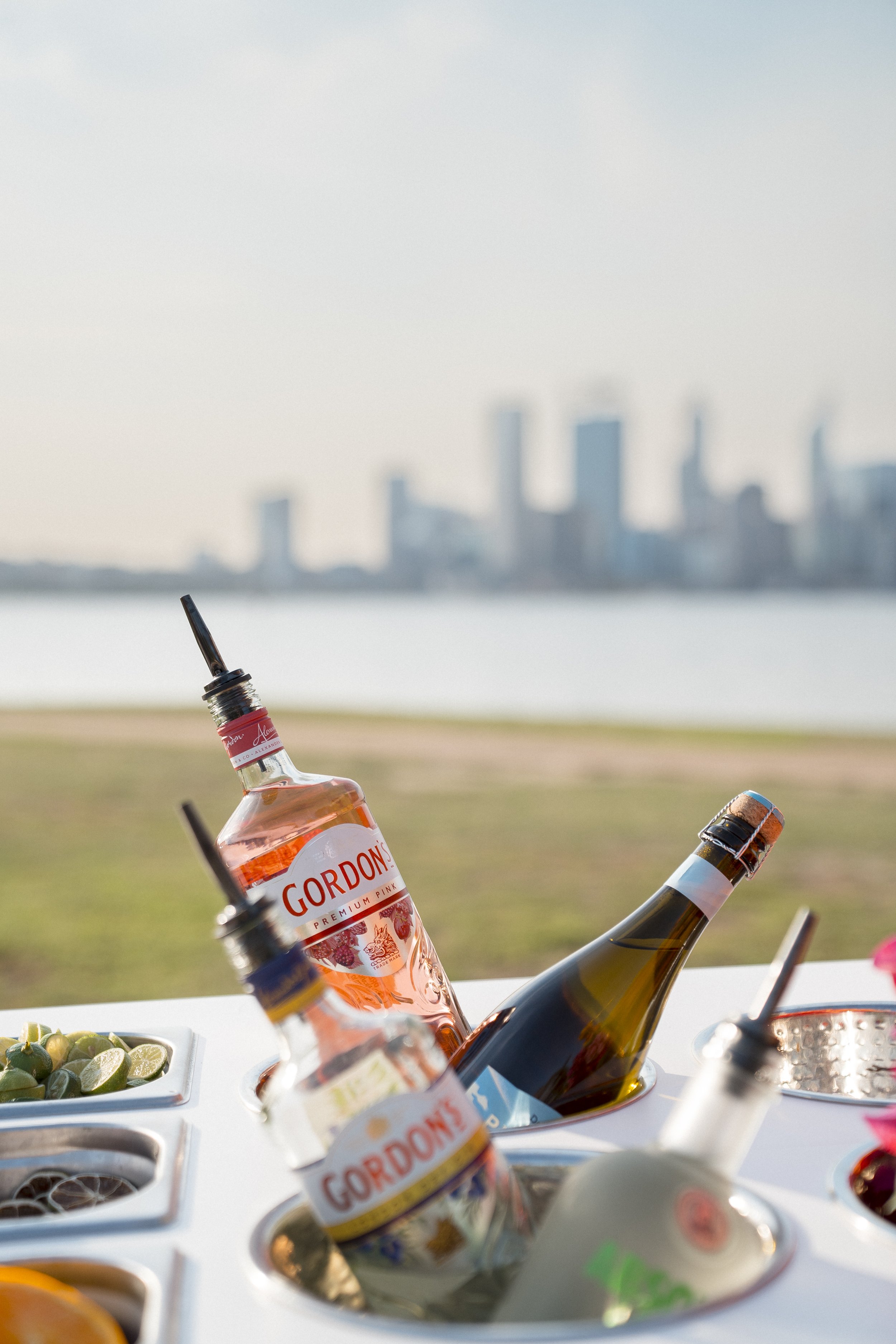 Close-up view of a bottle of Gordon's gin with lemons and olives nearby, set on a table outdoors with a city skyline in the background.