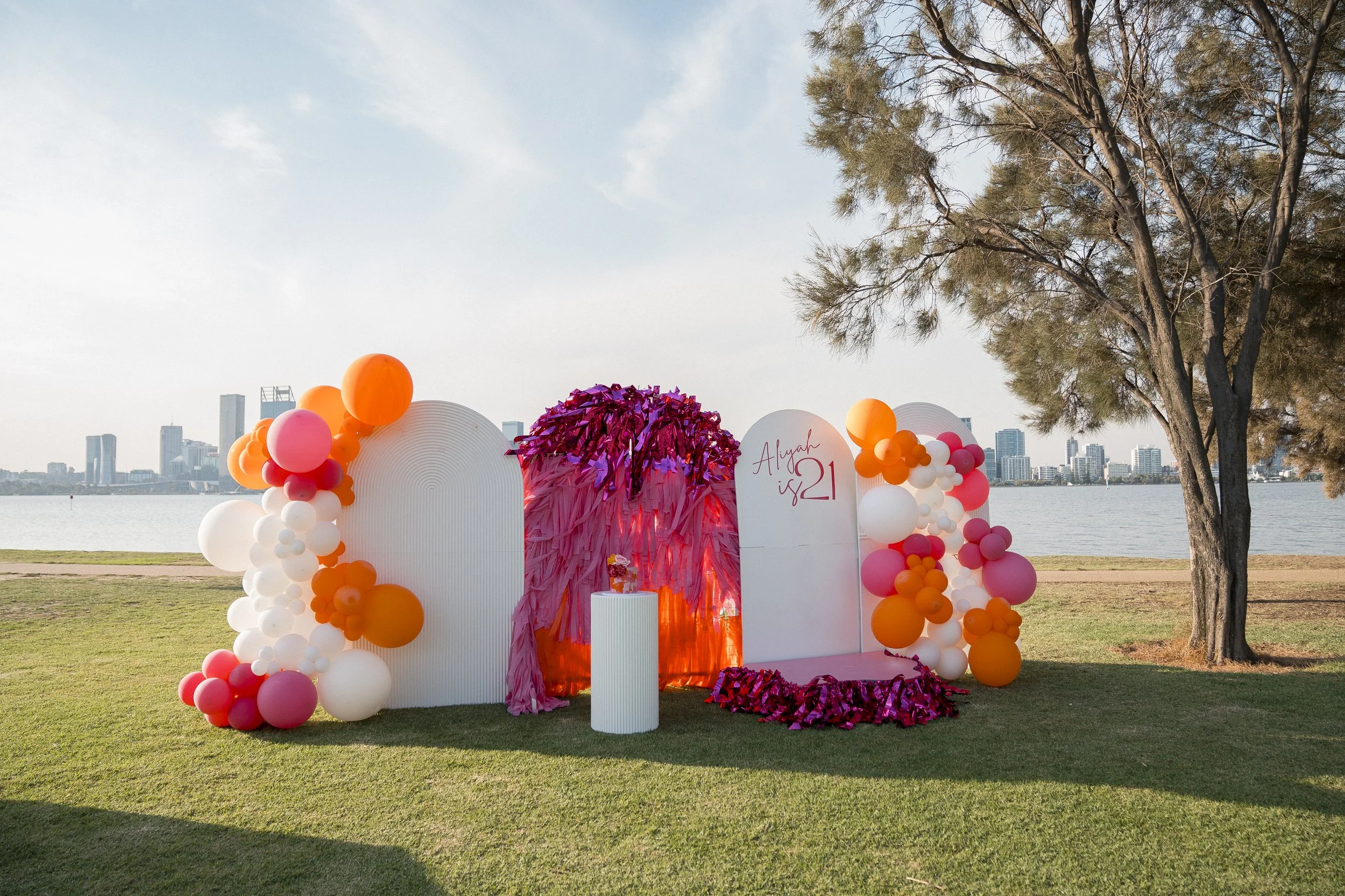 Decorative backdrop for a birthday celebration with pink and white balloons, pink fringe curtain, and a sign reading "Aliyah is 21" near a lake with city skyline in the background.