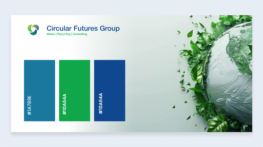 Circular Futures Group branding elements featuring logo design and colour palette.