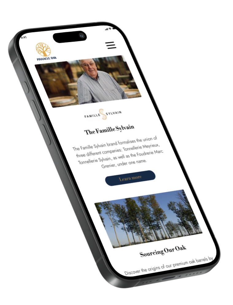Pinnacle Oak narrative storytelling section displayed on an iPhone 15 mockup.