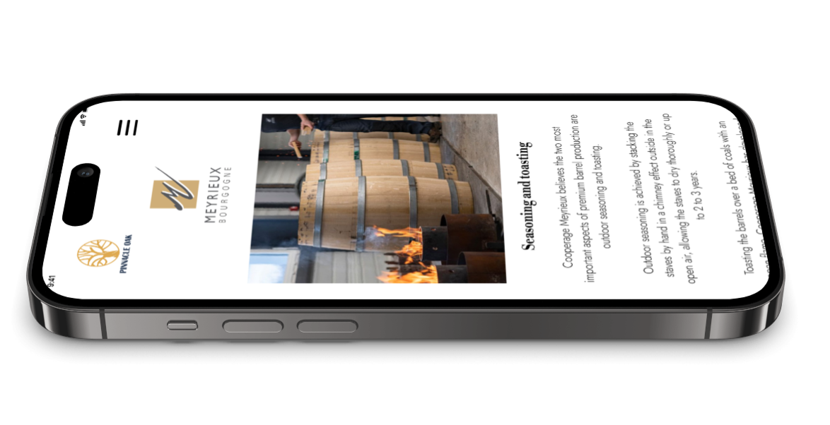 Pinnacle Oak mobile design featuring detailed barrel information and a user-friendly content layout.