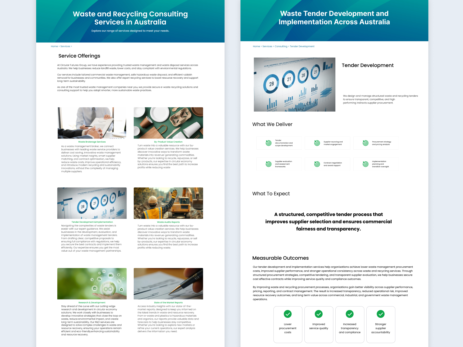 Circular Futures Group service page displayed by wireframe, showcasing clear information architecture, user-centred design, and responsive website experience.