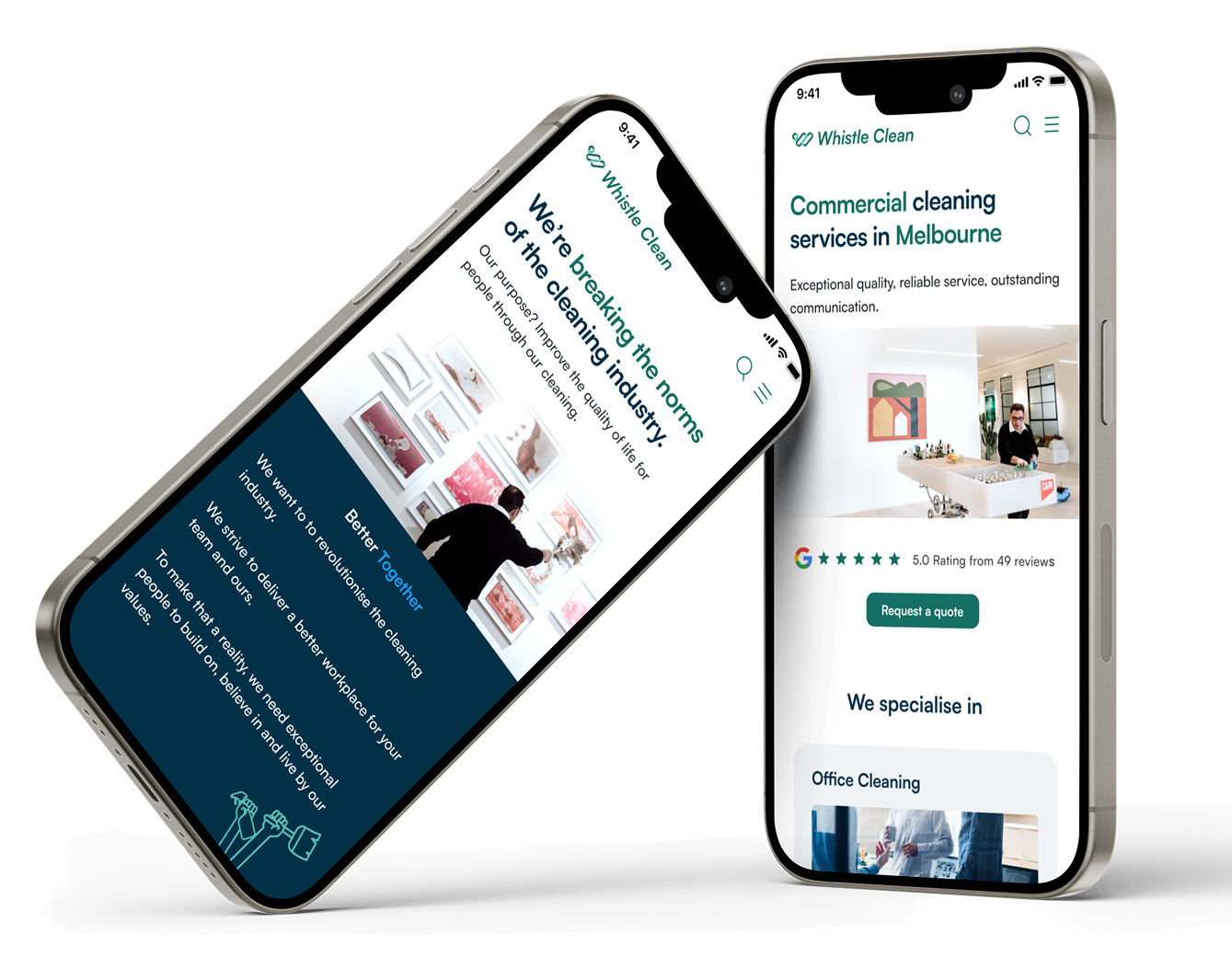 Two smartphones displaying a cleaning service app with information about commercial cleaning services in Melbourne and images of professional cleaning staff.