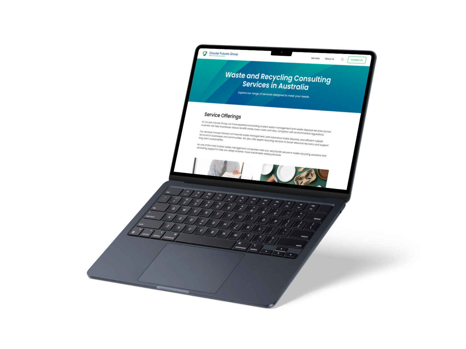 A laptop displaying a website about waste and recycling consulting services in Australia.